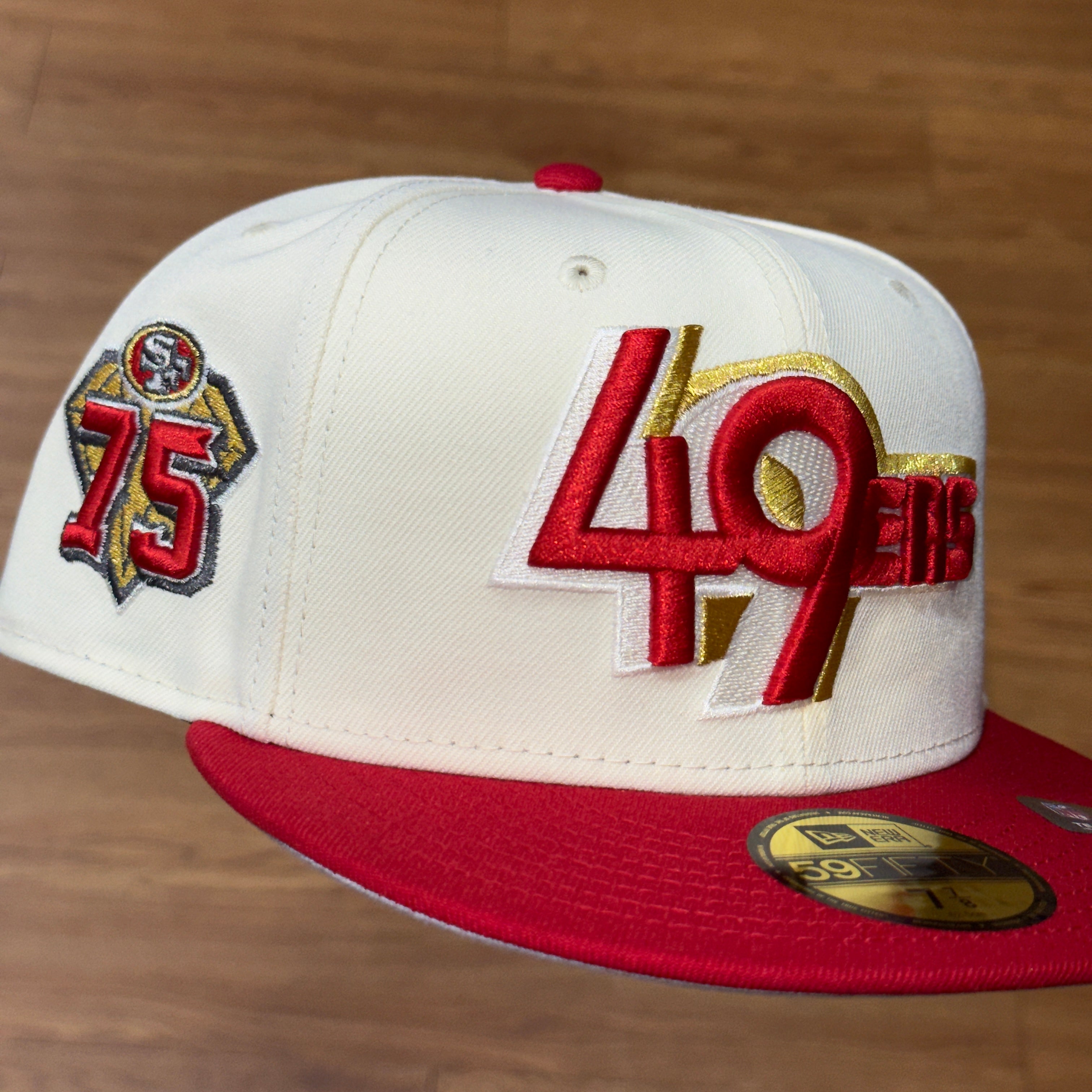 San Francisco 49ers 75th Anniversary Side Patch Fitted Hat New Era 5950 (Off White/Red/Black/White/Gold/Gray)