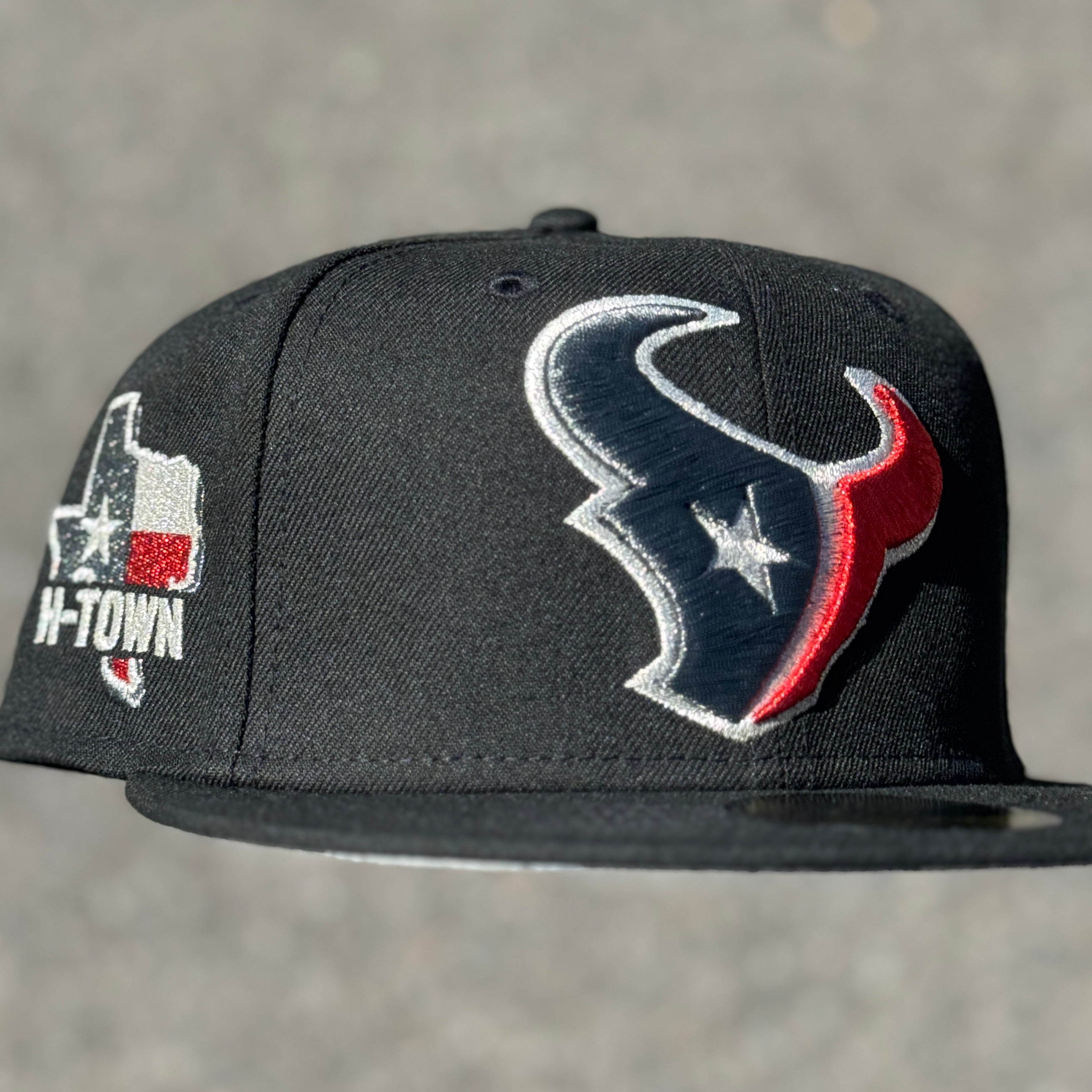 Houston Texans H Town Side Patch NFL Fitted Hat New Era 5950 (Black Pewter/Red/Silver/Gray)