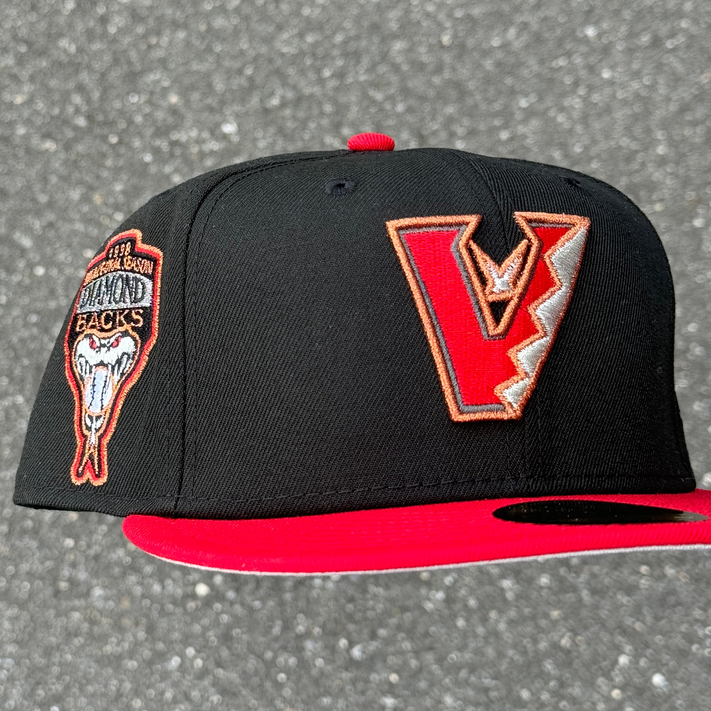 Arizona Diamondbacks Upside down logo 1998 Inaugural Season Side Patch Fitted Hat New Era 5950 (Black/Red/Copper/Silver/Gray)