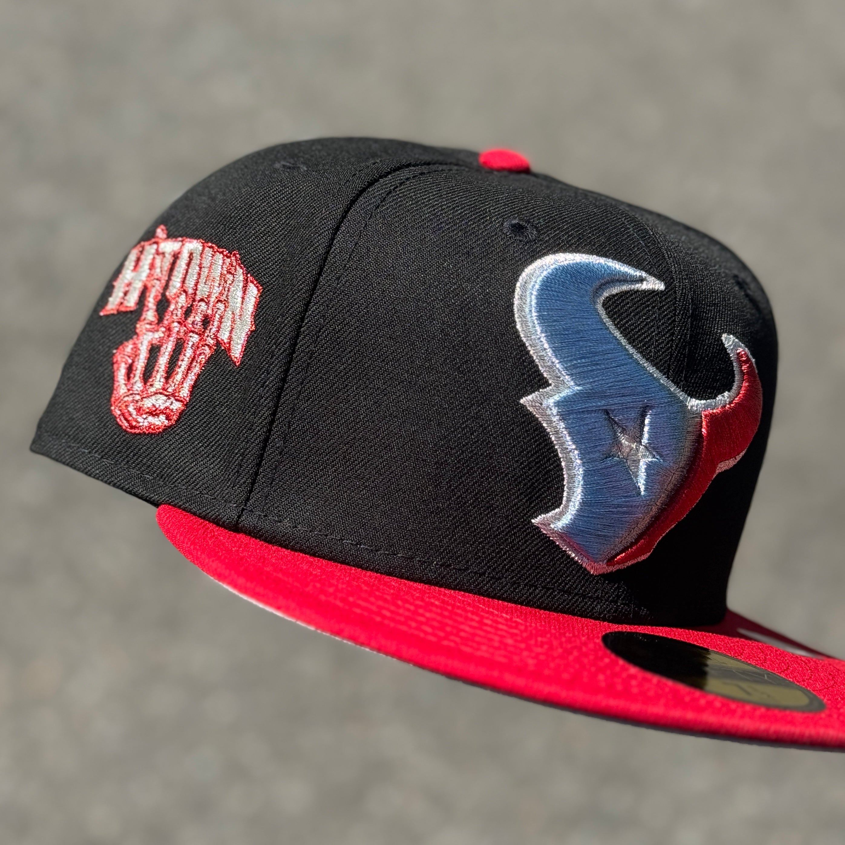Houston Texans H Town Side Patch NFL Fitted Hat New Era 5950 (Black Metallic Blue Gray/Red/Silver/Gray)