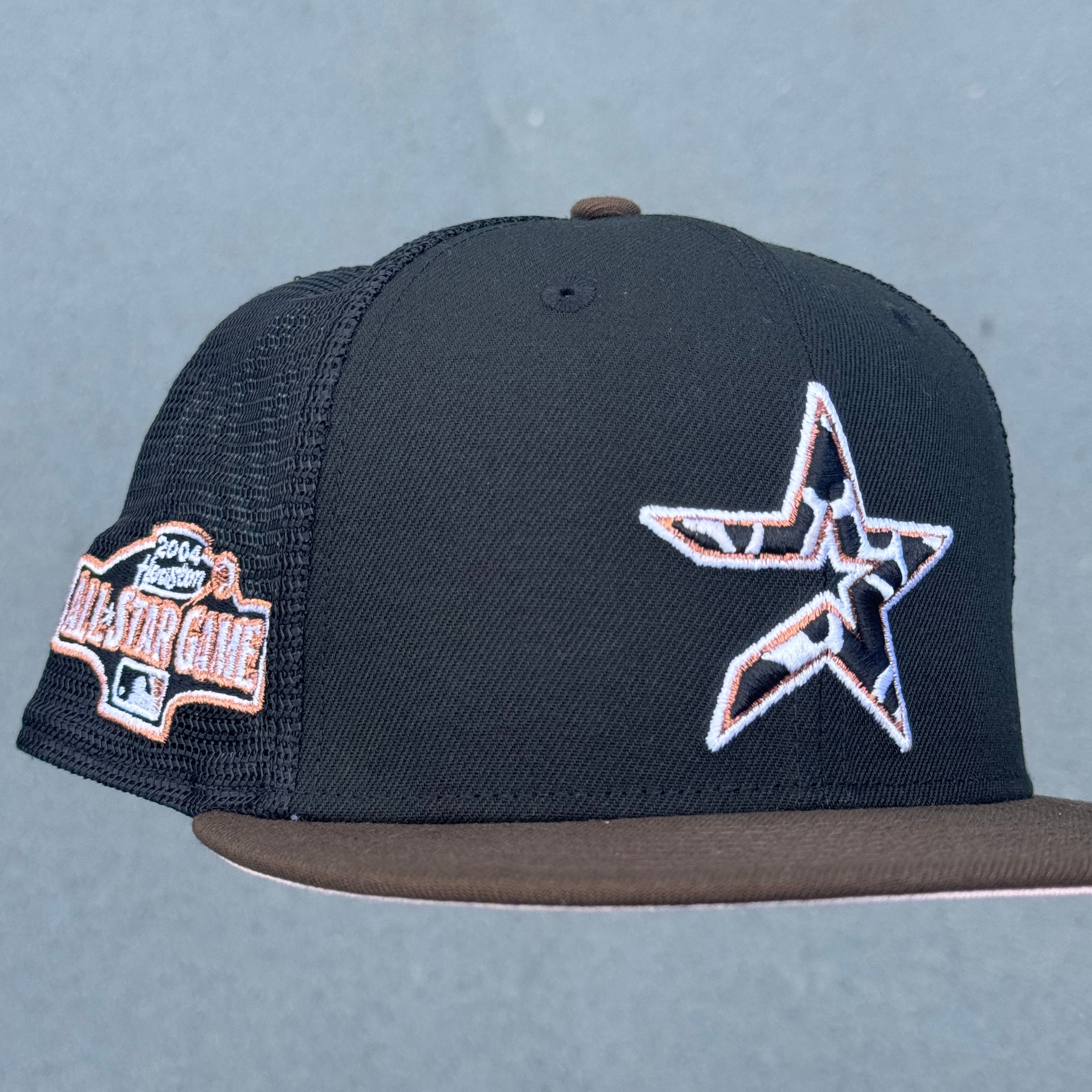 Houston Astros Cow Print Trucker Fitted 2004 All Star Game Side Patch MLB Fitted Hat New Era 5950(Black/Brown/White/Pink)