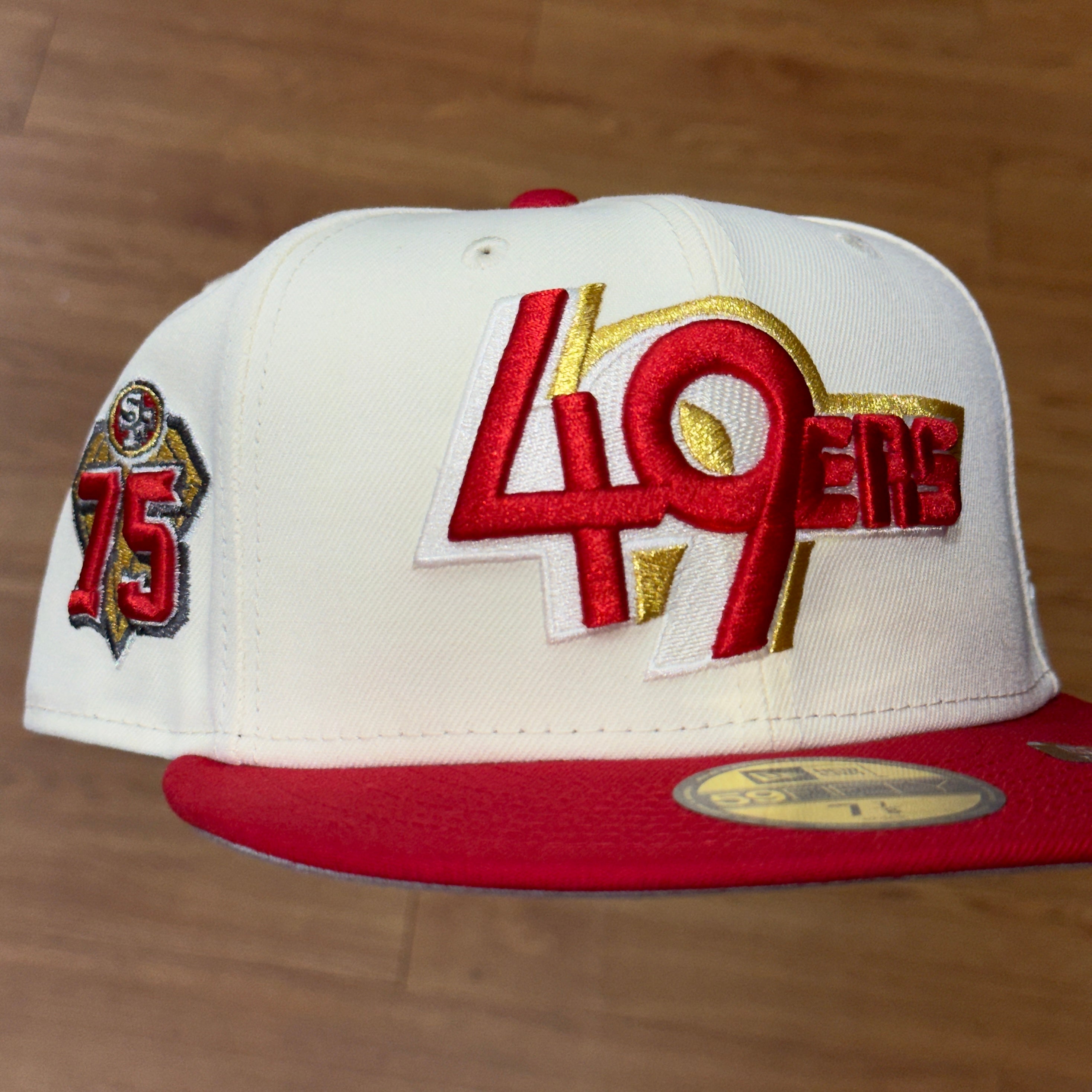 San Francisco 49ers 75th Anniversary Side Patch Fitted Hat New Era 5950 (Off White/Red/Black/White/Gold/Gray)