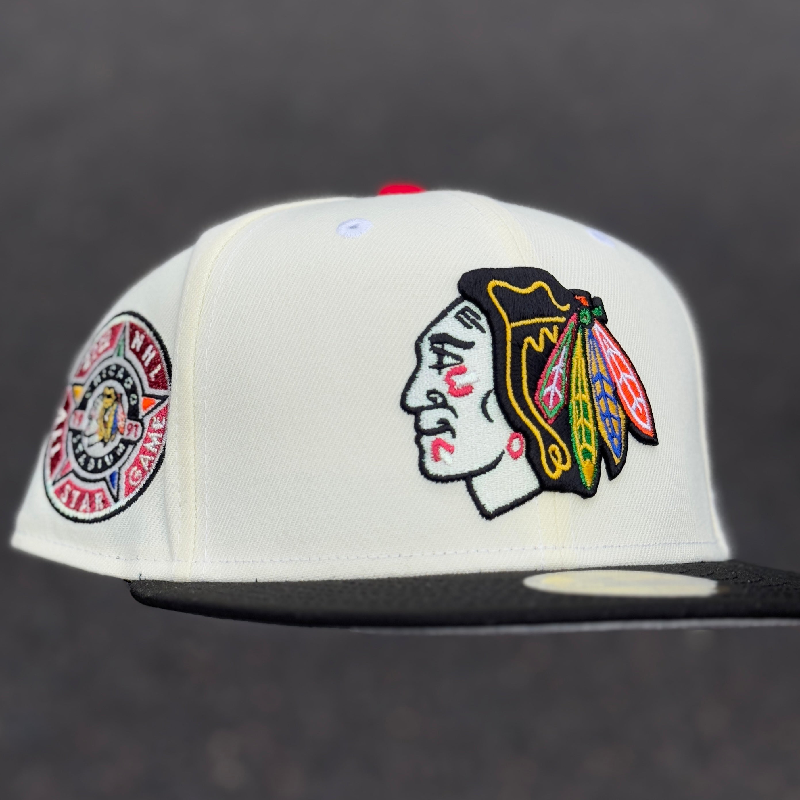 Chicago Blackhawks 42nd All Star Game 1991 NHL Side Patch Fitted Hat New Era 5950 (Off White/Black/Red/Iris/Yellow/Blue/Green/Grey)