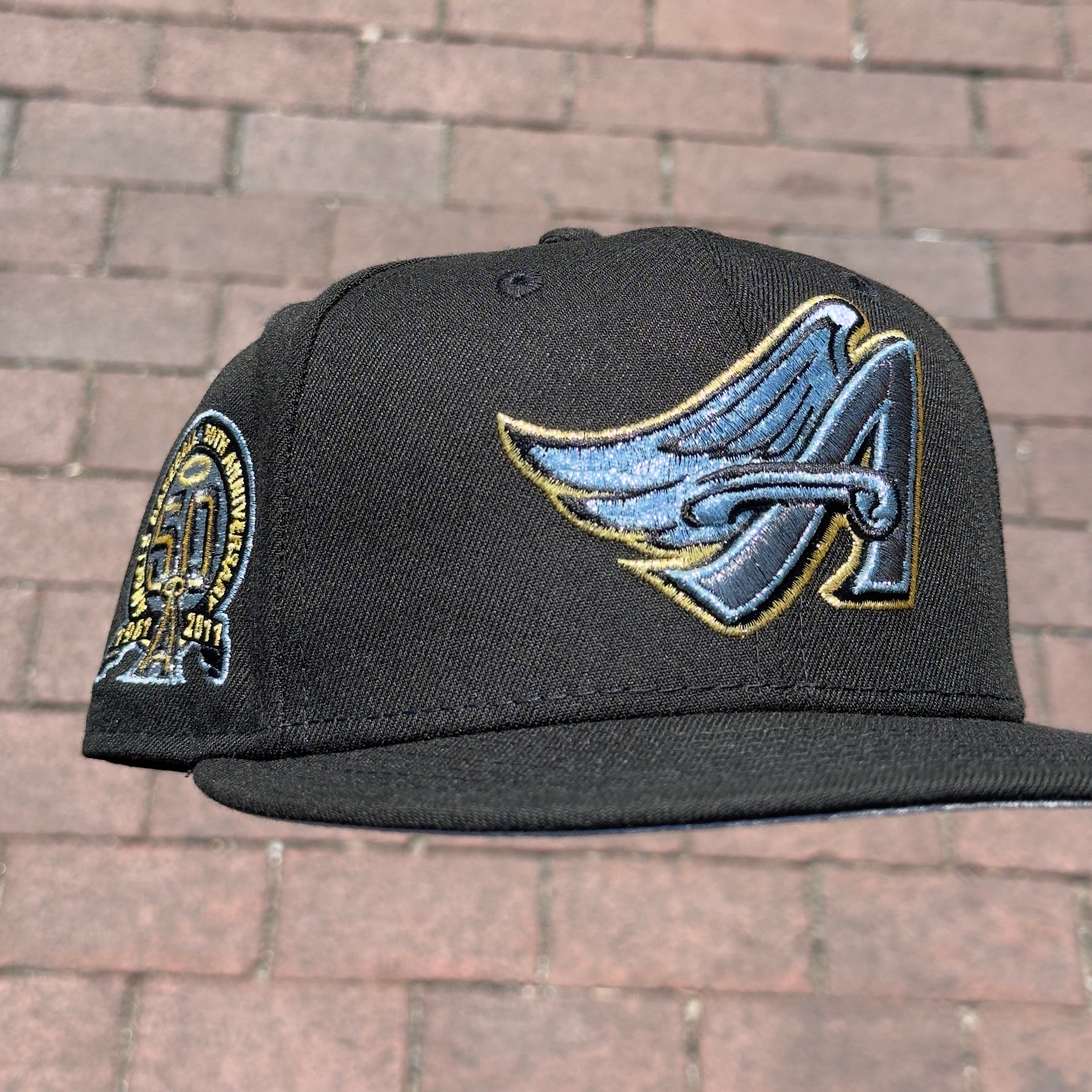 Anaheim Angels 50th Anniversary Side Patch Fitted Hat New Era 5950 (Nlack/Gold/Metallic Blue-Gray/ Gray)