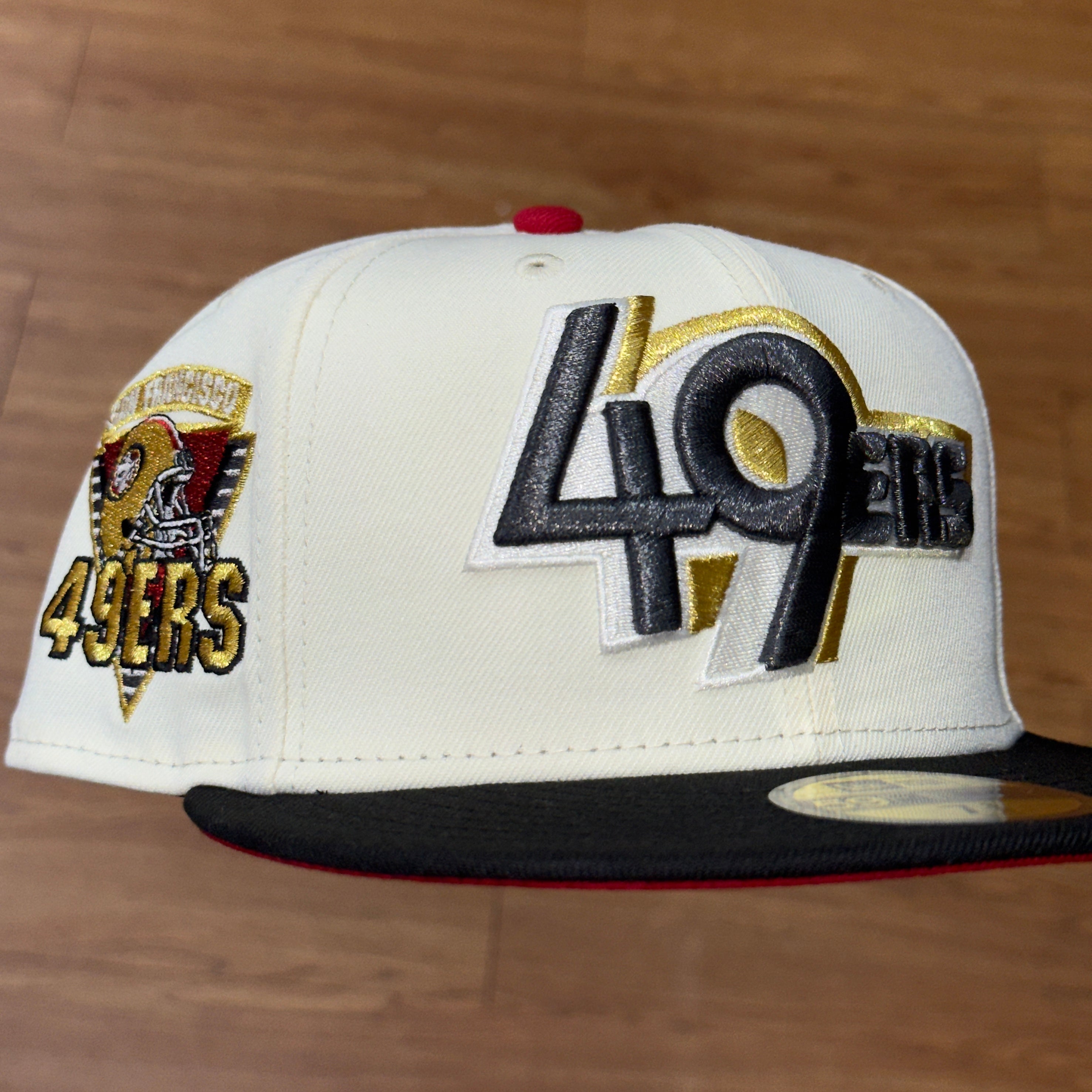 San Francisco 49ers SF 49ers Helmet Side Patch Fitted Hat New Era 5950 (Off White/Red/Black/White/Gold/Gray)