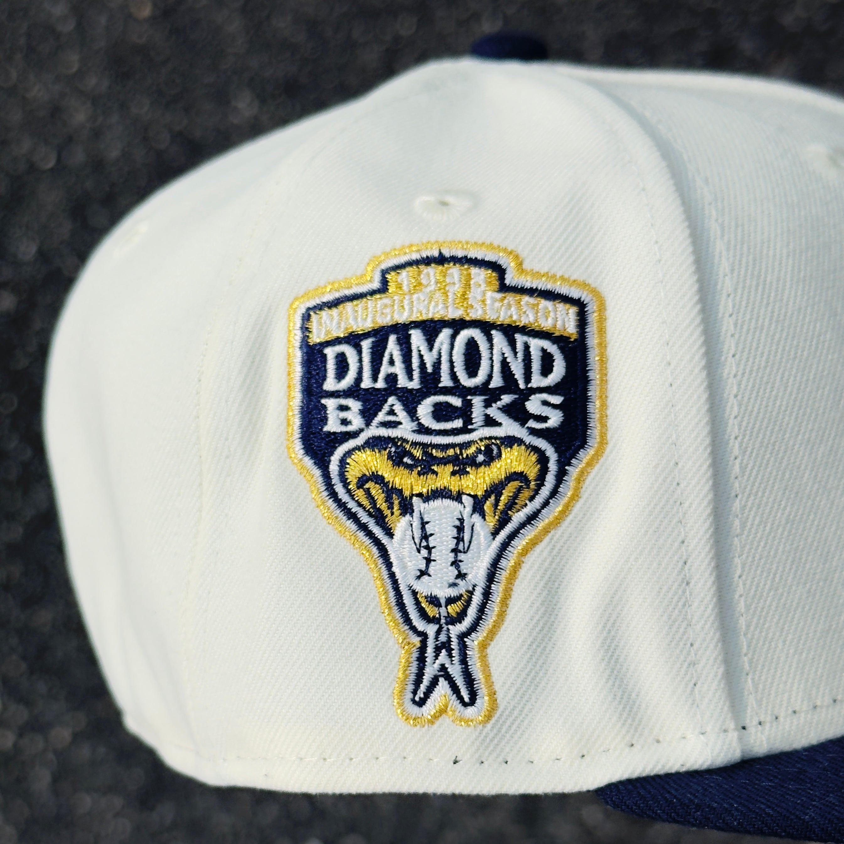 Arizona Diamondbacks Upside down logo GITD 1998 Inaugural Season Side Patch Fitted Hat New Era 5950 (Off White/Navy/Metallic Gold/Gray)