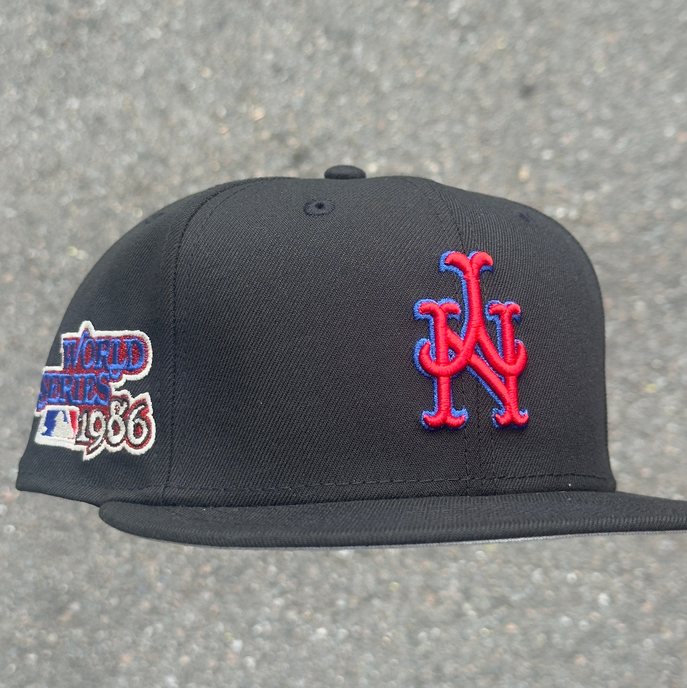 New York Mets Upside Down Logo 1986 World Series Side Patch MLB Fitted Hat New Era 5950 (Black/Red/Silver/Blue/Gray)