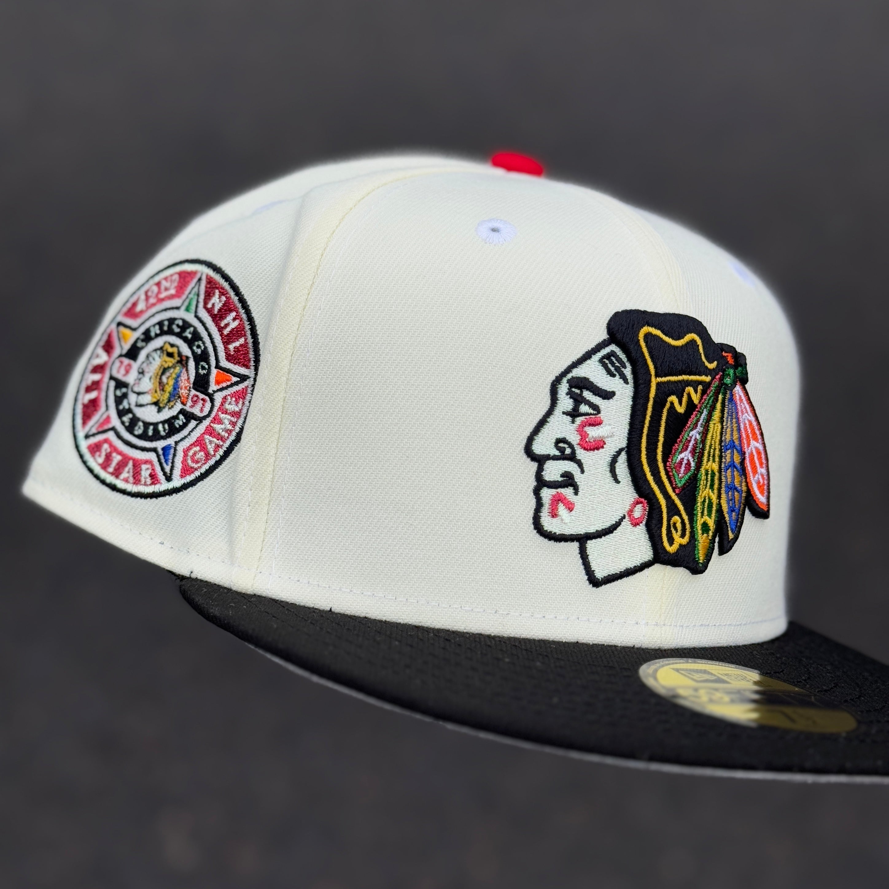Chicago Blackhawks 42nd All Star Game 1991 NHL Side Patch Fitted Hat New Era 5950 (Off White/Black/Red/Iris/Yellow/Blue/Green/Grey)