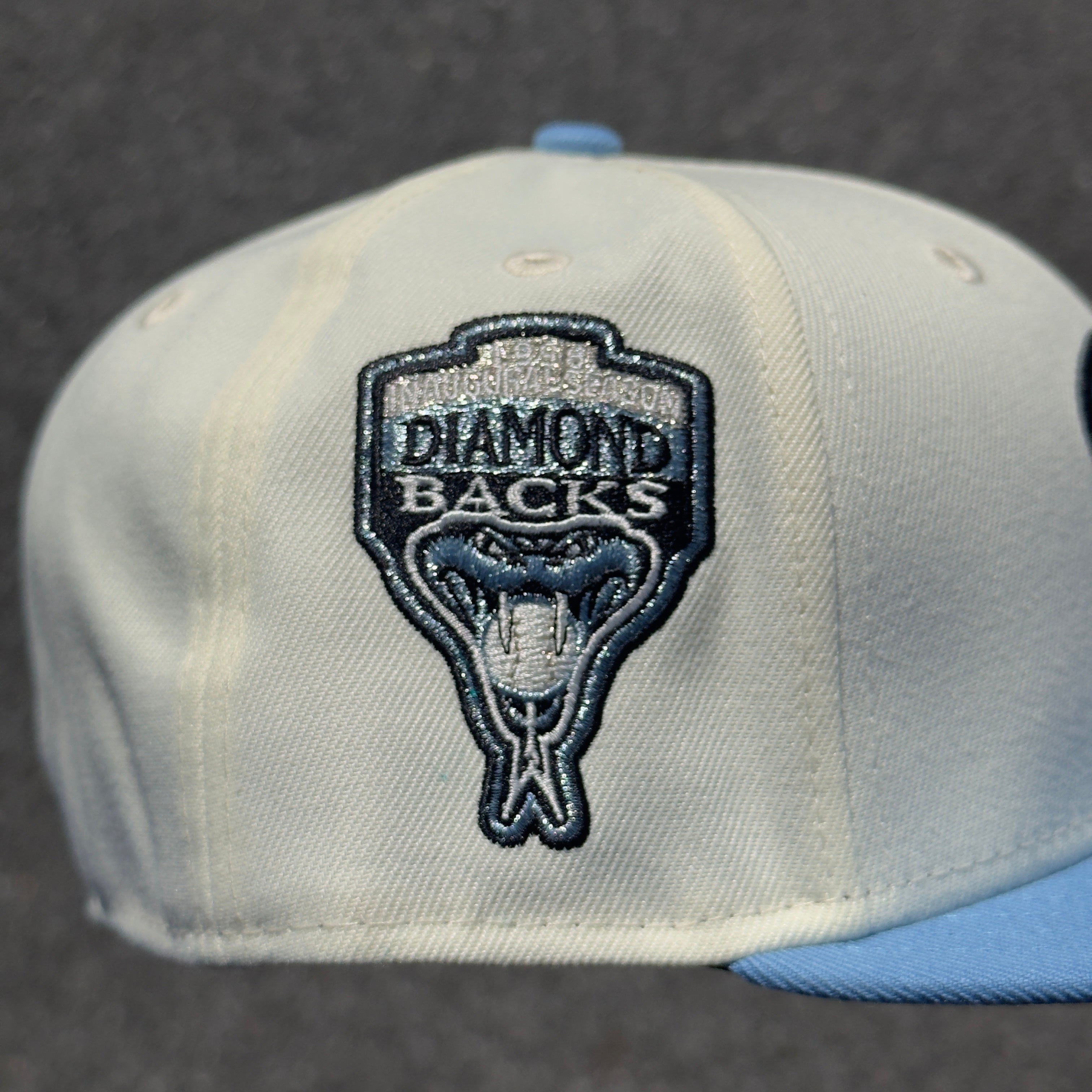Arizona Diamondbacks 1998 Inaugural Season Side Patch Fitted Hat New Era 5950 (Off White/Sky Blue/Silver/Metallic Blue Gray/Black/Gray)