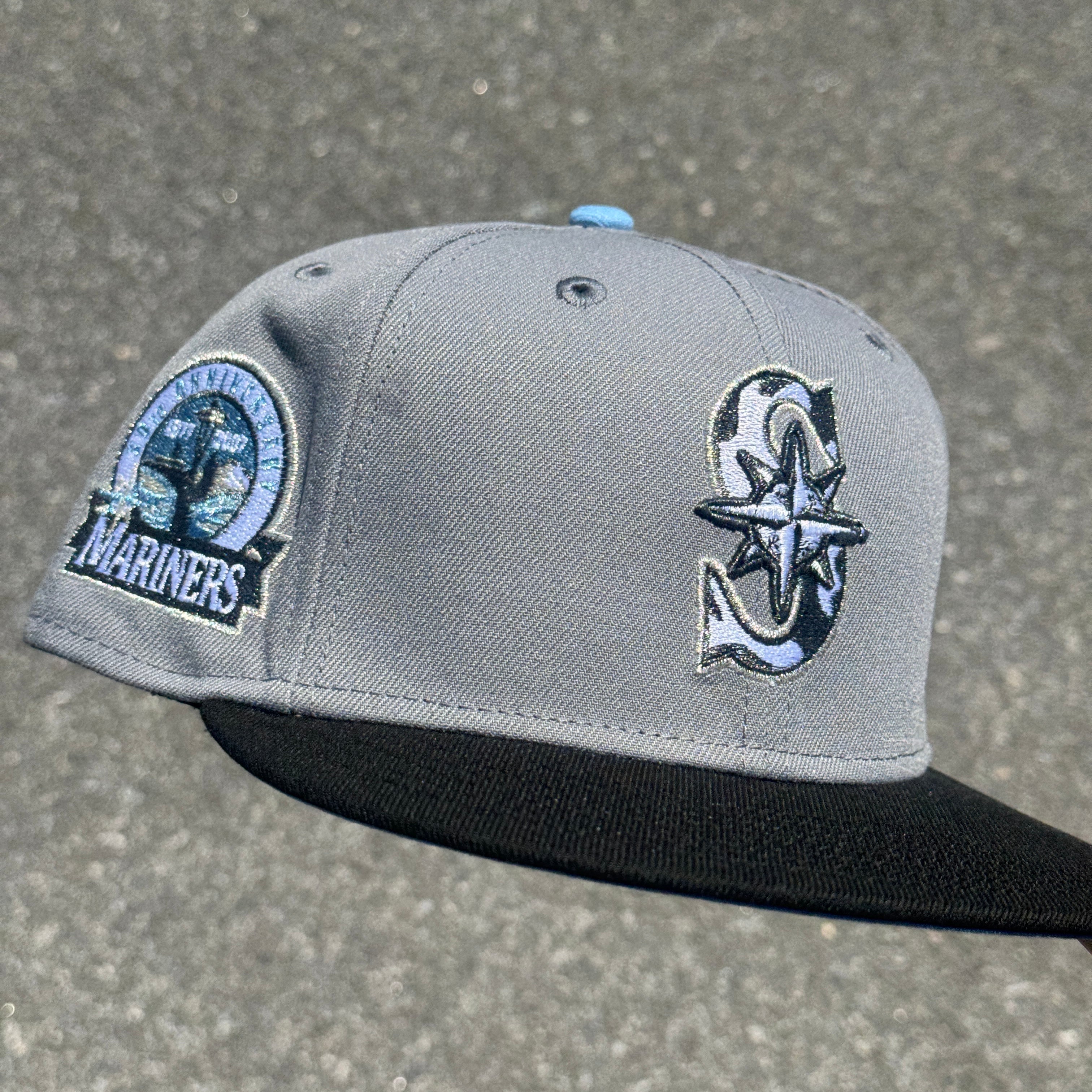 Seattle Mariners Cow Print 30th Anniversary Side Patch MLB Fitted Hat New Era 5950(Gray/Black/White/Sky Blue)