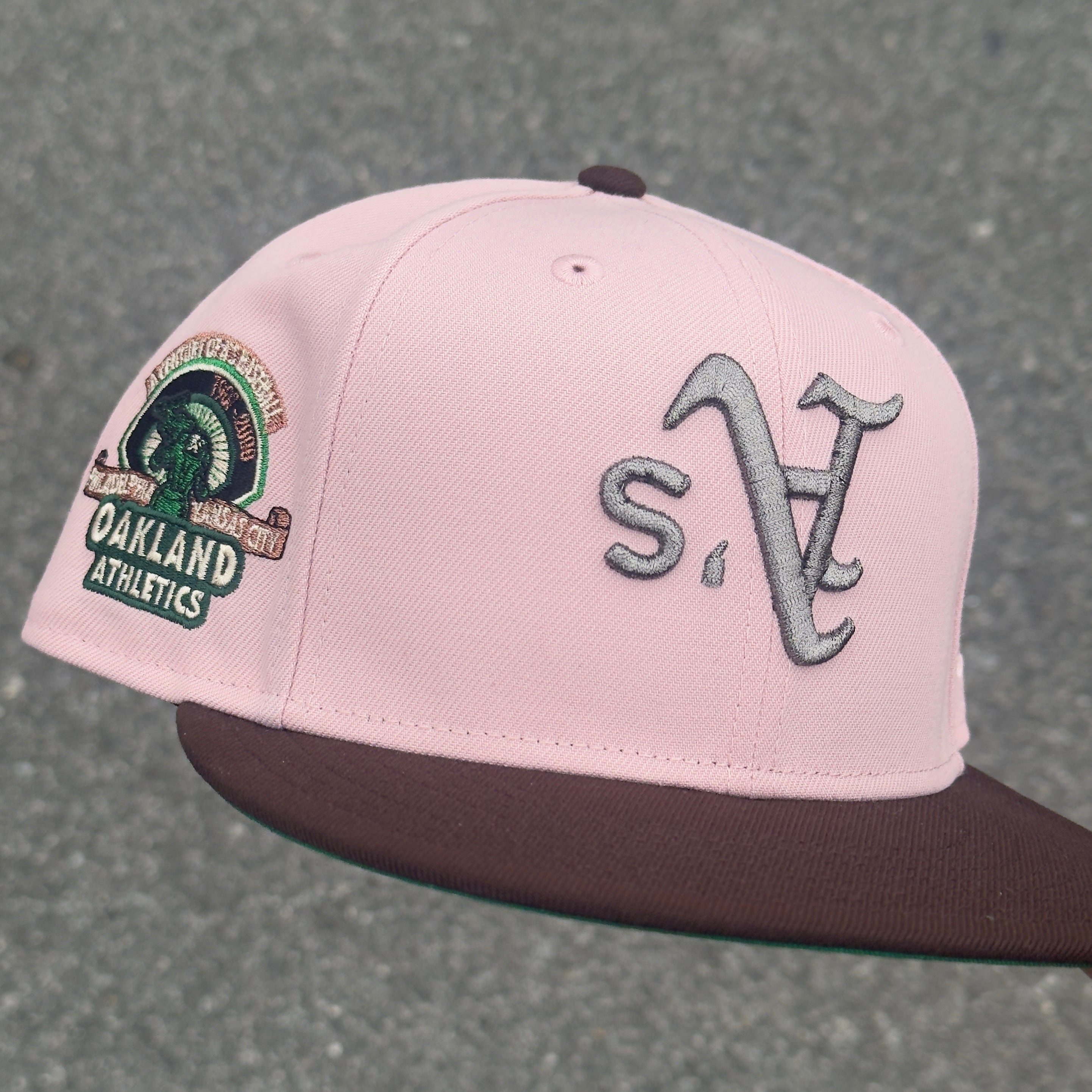 Oakland Athletics A Century of A’s Baseball Side Patch MLB Fitted Hat New Era 5950(Pink/Brown/Green/Pewter)