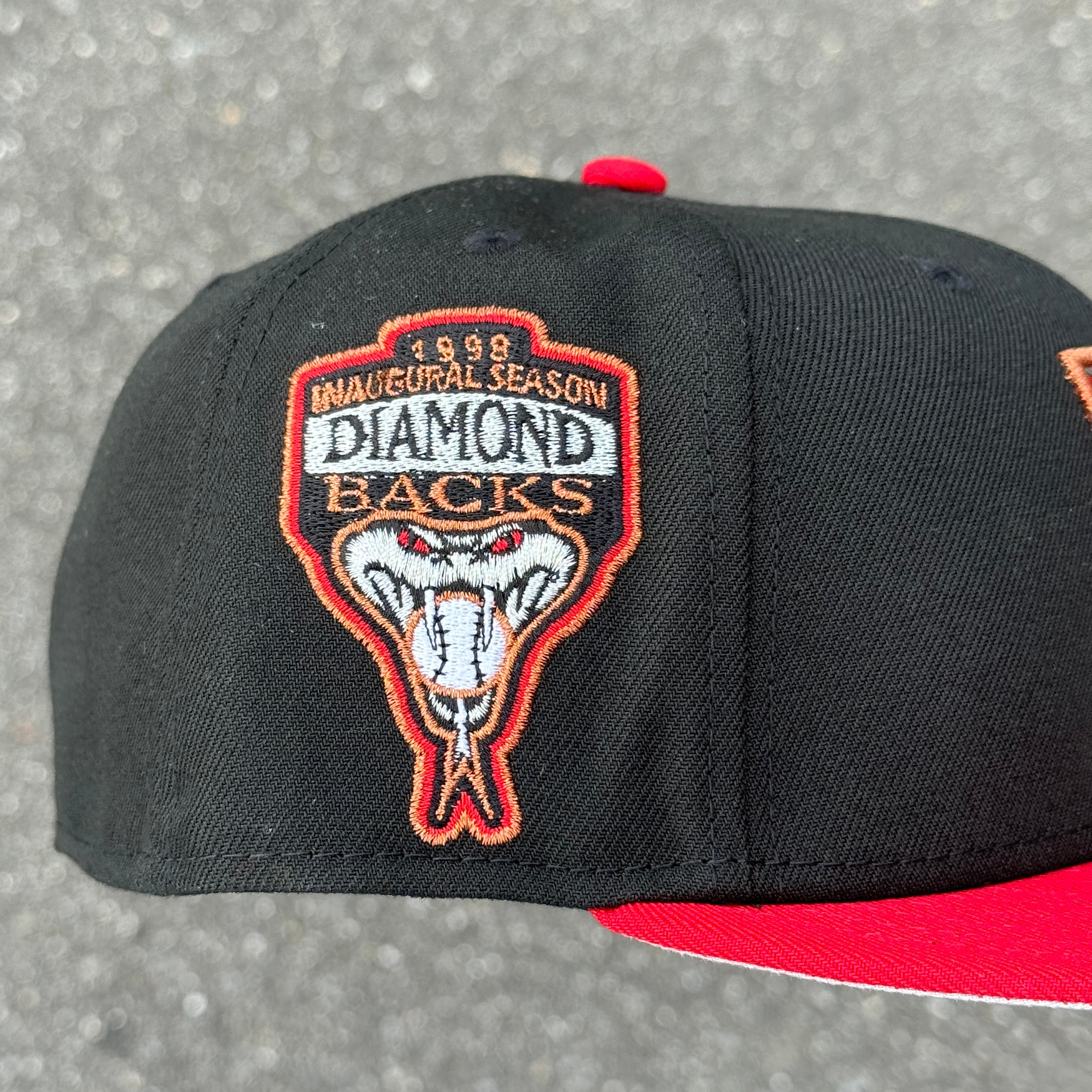 Arizona Diamondbacks Upside down logo 1998 Inaugural Season Side Patch Fitted Hat New Era 5950 (Black/Red/Copper/Silver/Gray)