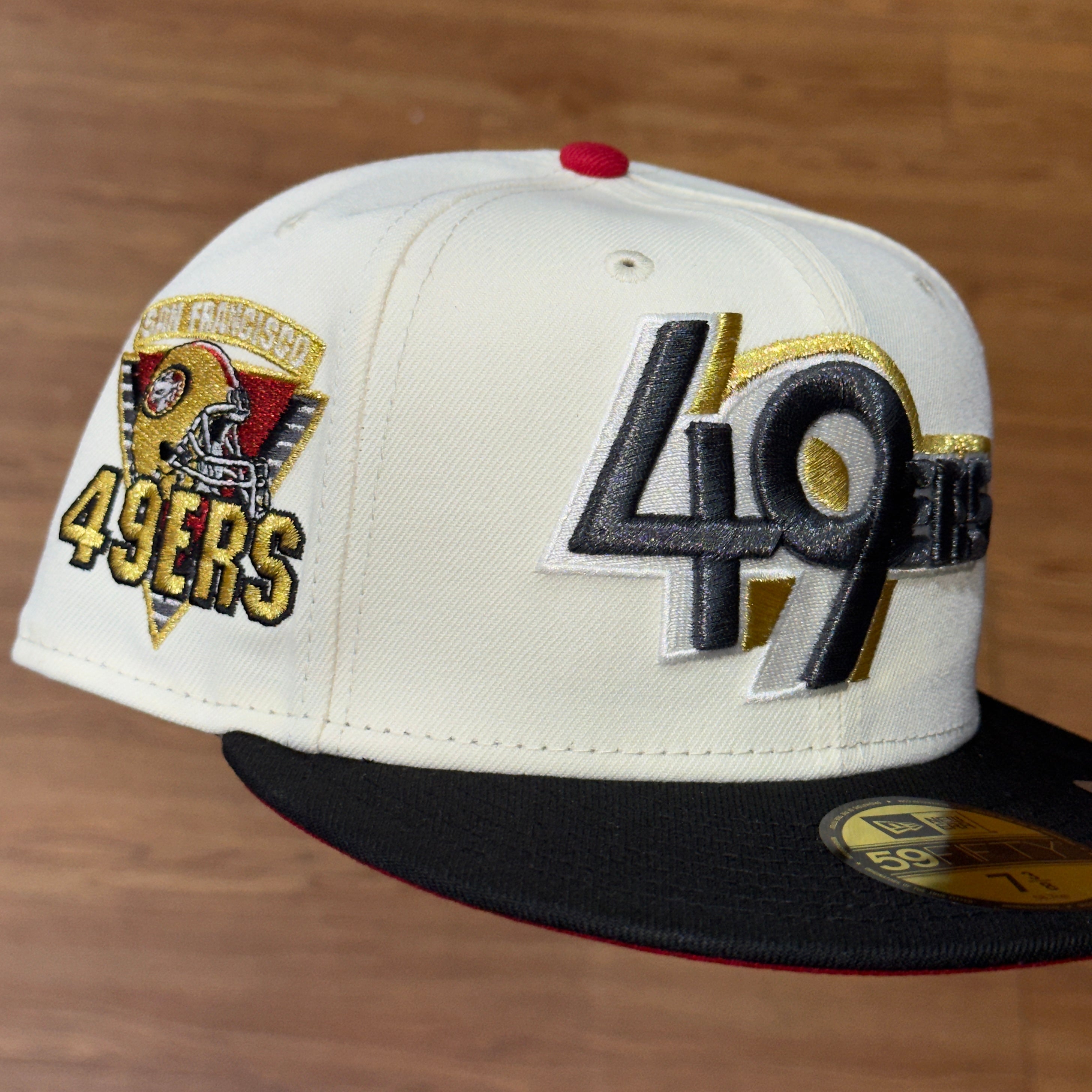 San Francisco 49ers SF 49ers Helmet Side Patch Fitted Hat New Era 5950 (Off White/Red/Black/White/Gold/Gray)
