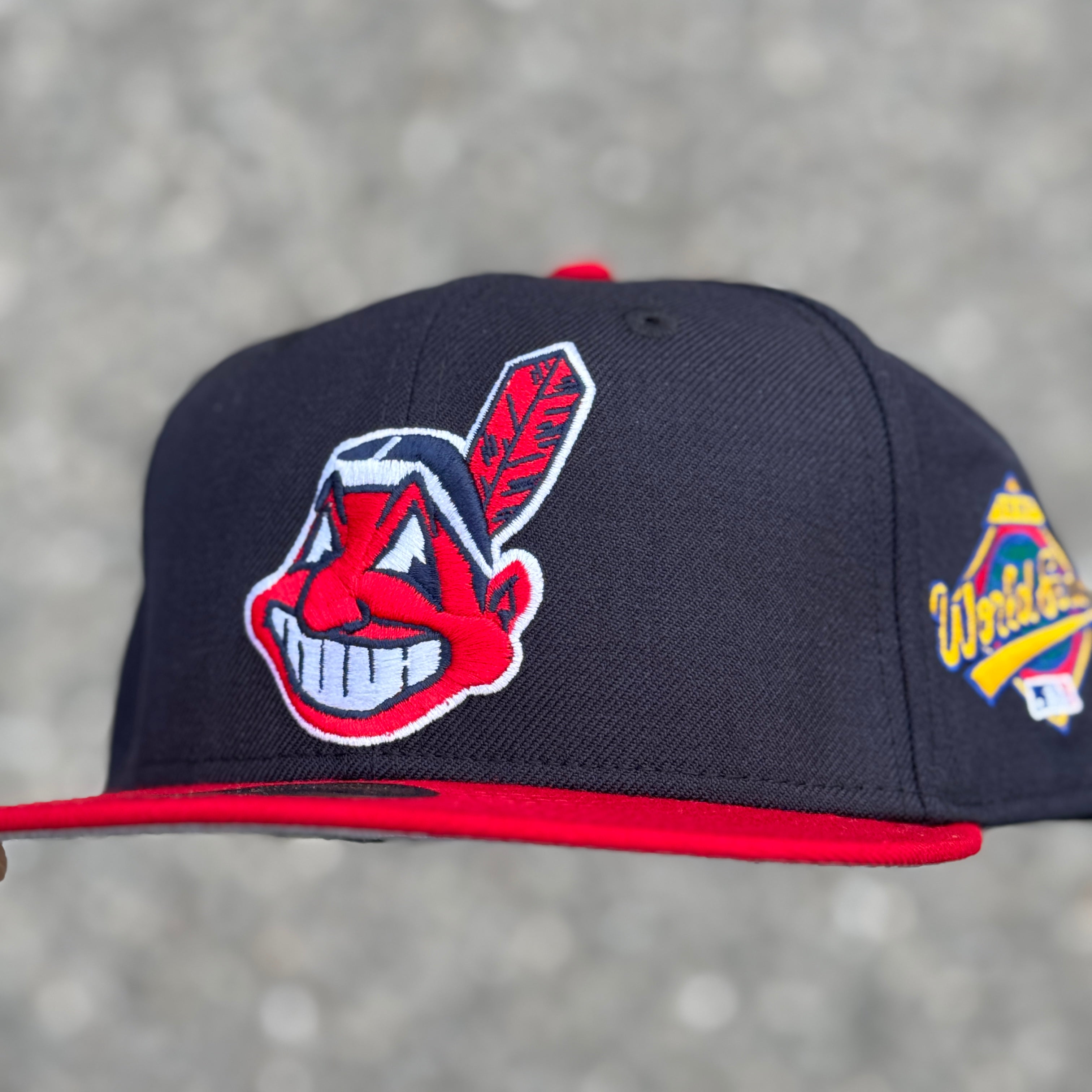 Cleveland Indians Chief Wahoo Banned logo 1997 World Series Fitted with patch on opposite side(Navy Blue/Red/Grey) + Free Pin