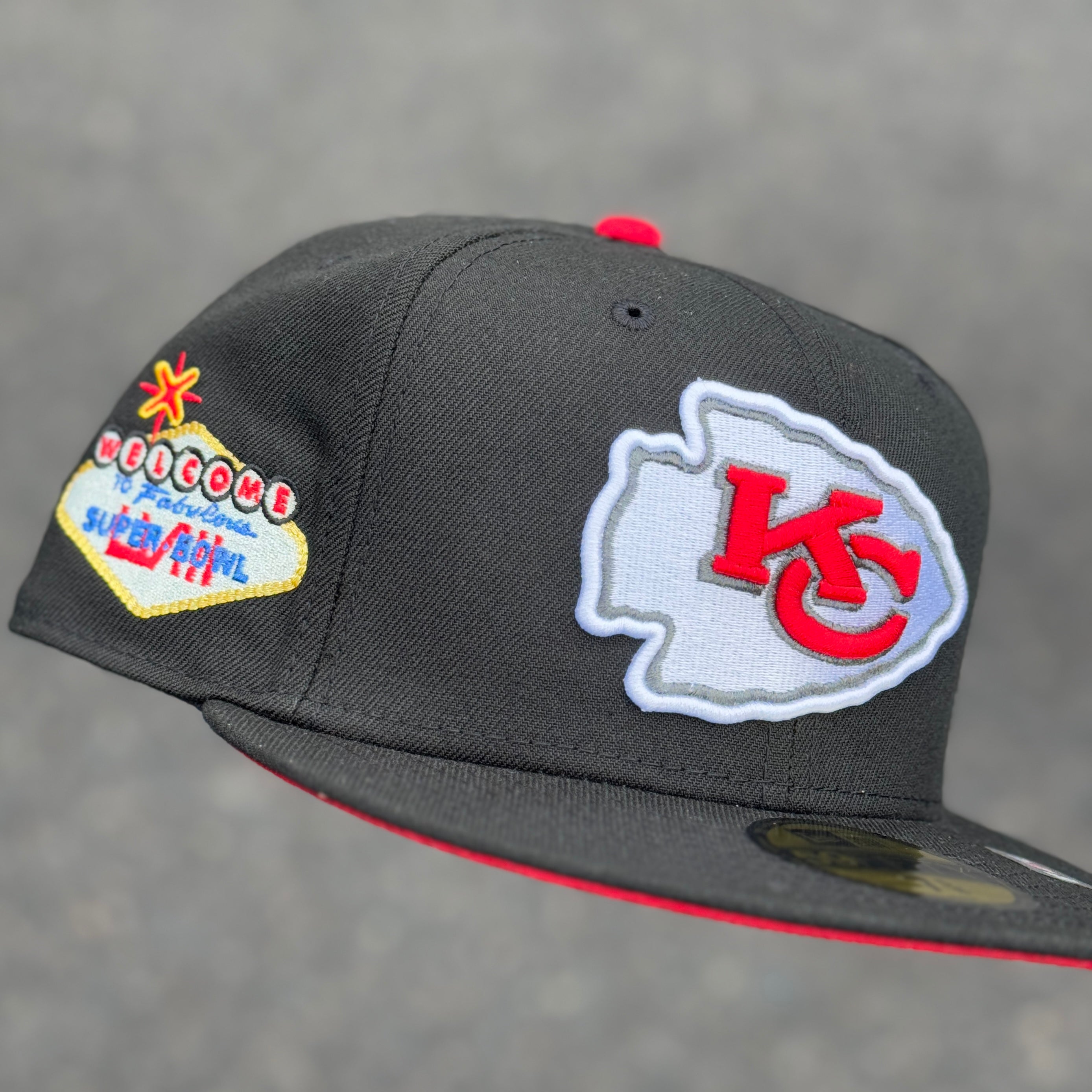 Kansas City Chiefs Super Bowl LVIII 58 Side Patch Fitted Hat New Era 5950 (Black/White/Red/Gold/Blue)