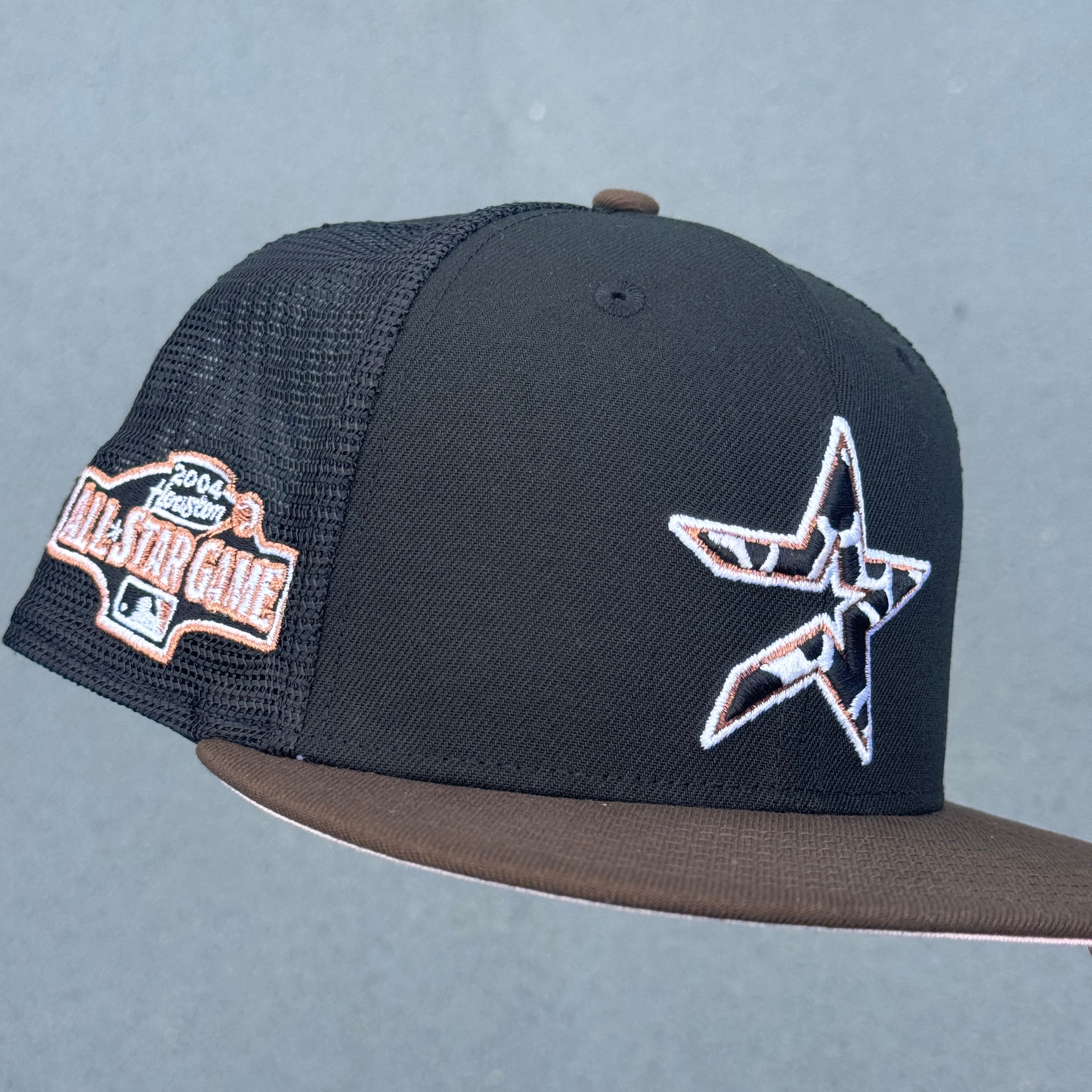 Houston Astros Cow Print Trucker Fitted 2004 All Star Game Side Patch MLB Fitted Hat New Era 5950(Black/Brown/White/Pink)
