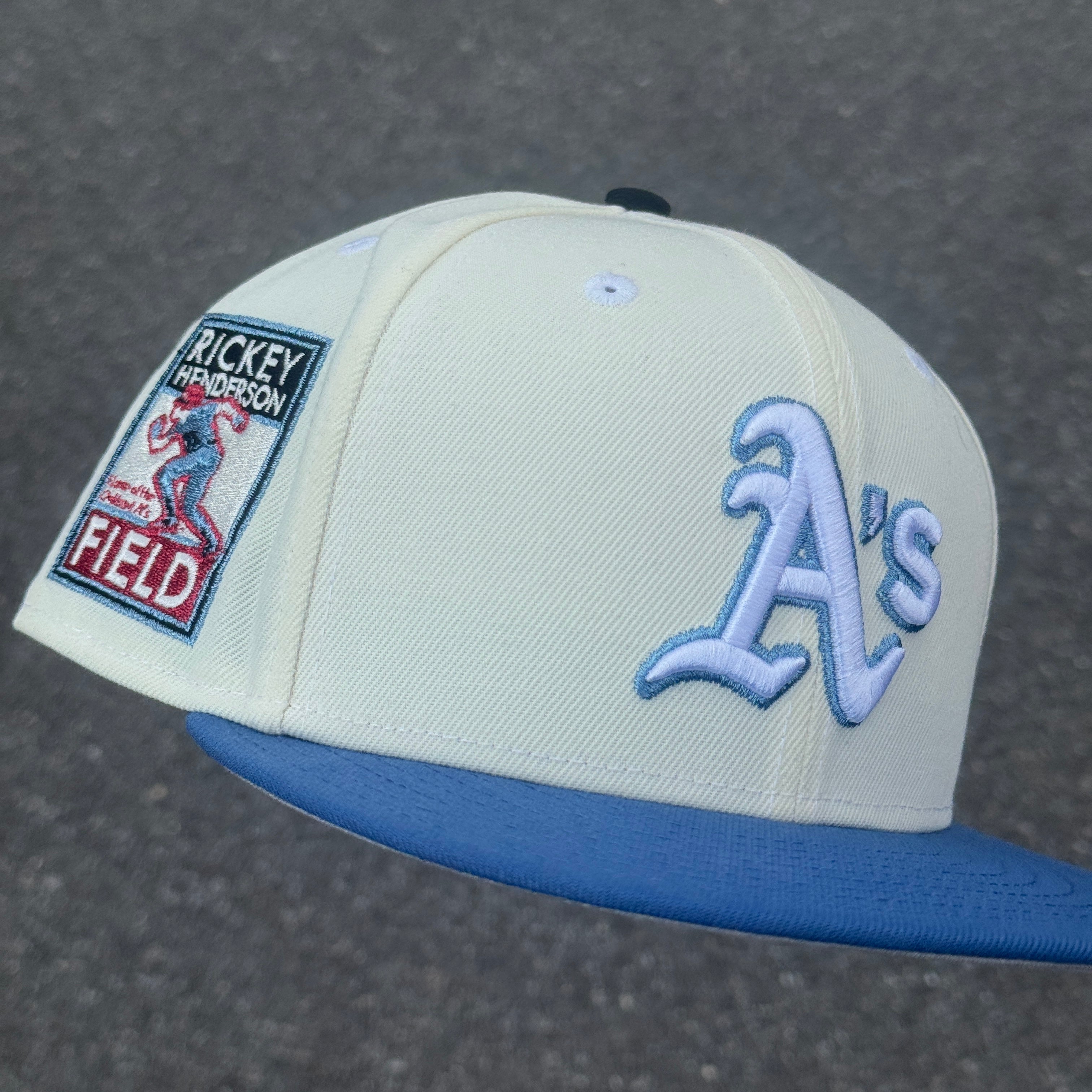 Oakland Athletics Ricky Henderson Field Side Patch Fitted Hat MLB New Era 5950 (Off White/Sky Blue/Blue/Navy/Red/Gray)