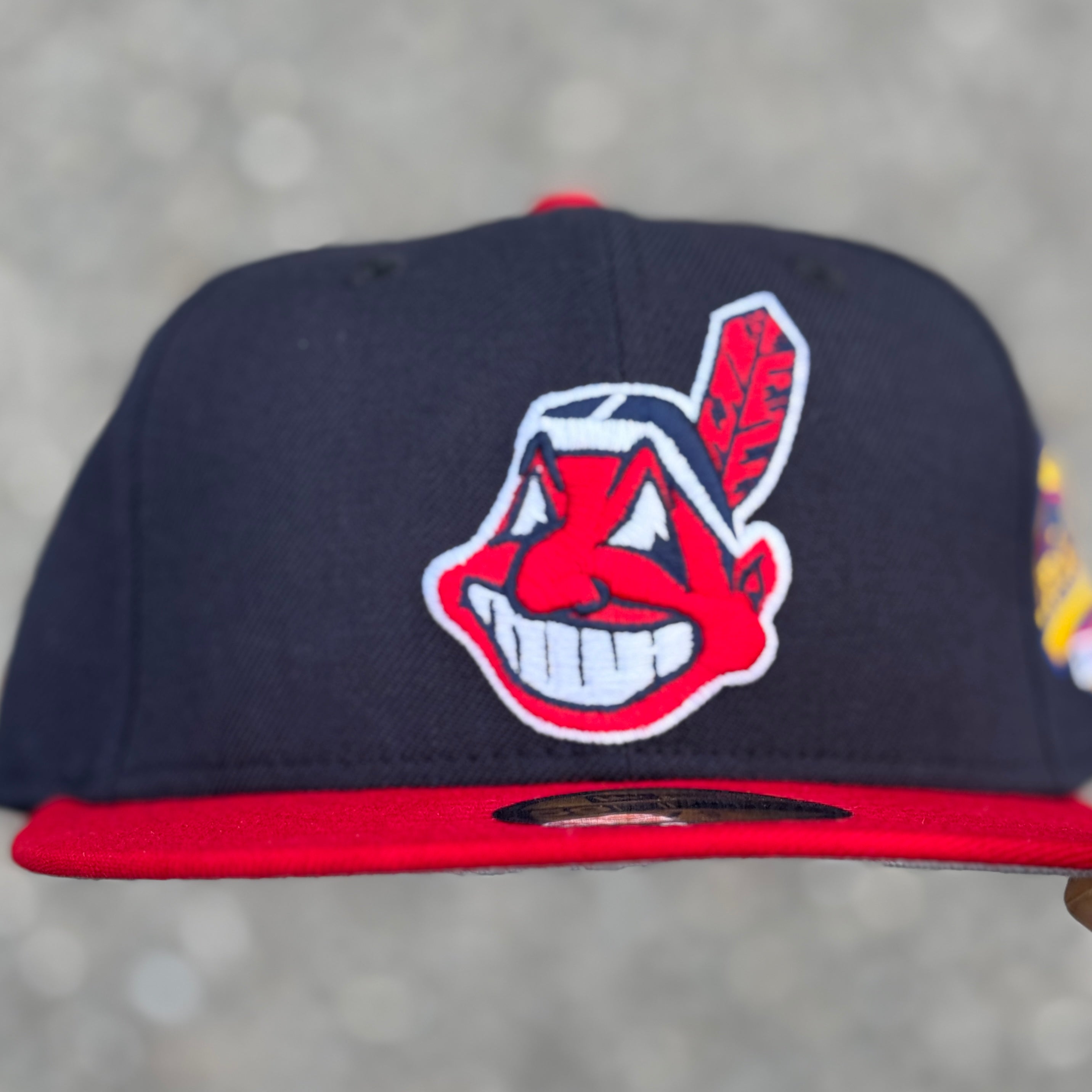 Cleveland Indians Chief Wahoo Banned logo 1997 World Series Fitted with patch on opposite side(Navy Blue/Red/Grey) + Free Pin