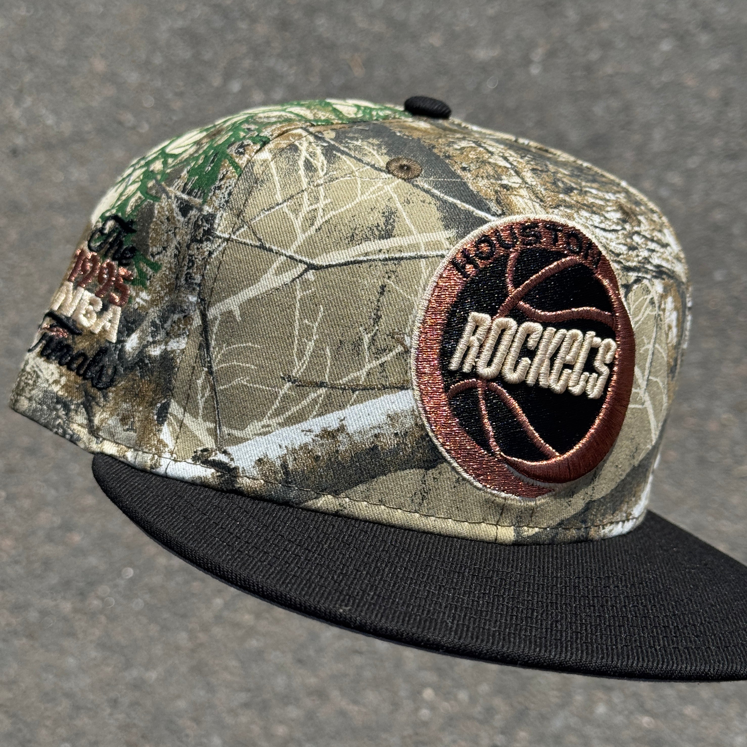 Houston Rockets Real Tree 1995 NBA Finals Side Patch Fitted Hat New Era 5950 (Real Tree/Black/Tan/Copper/Gray)