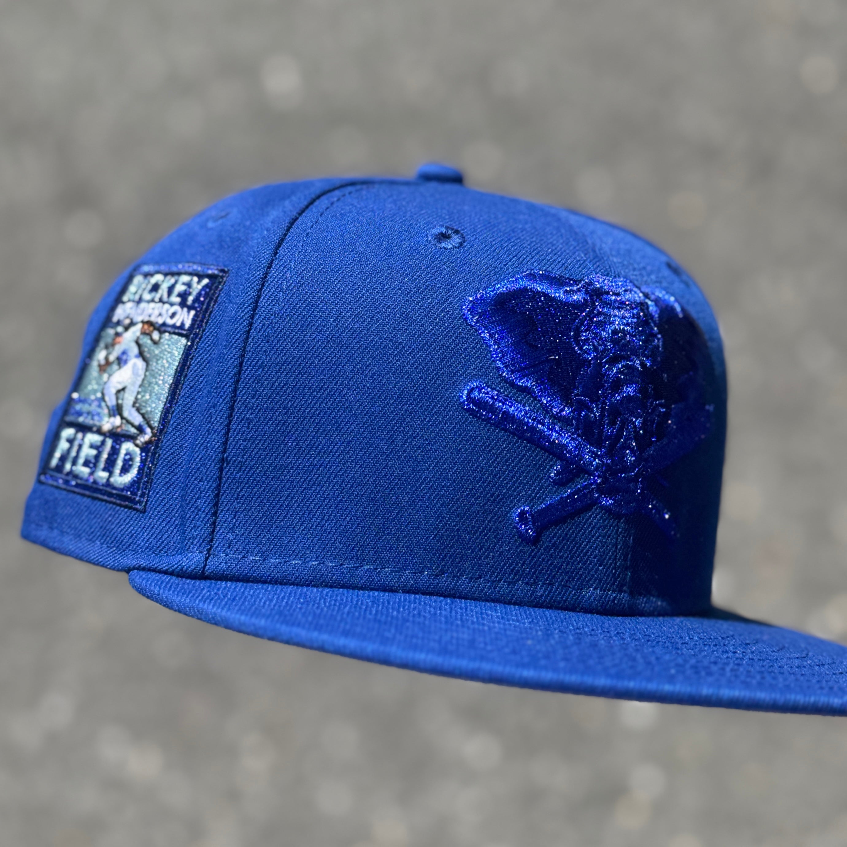 Oakland Athletics Stompers Rickey Henderson Field Side Patch Fitted Hat New Era 5950 (Blue/Metallic Blue/Gray)