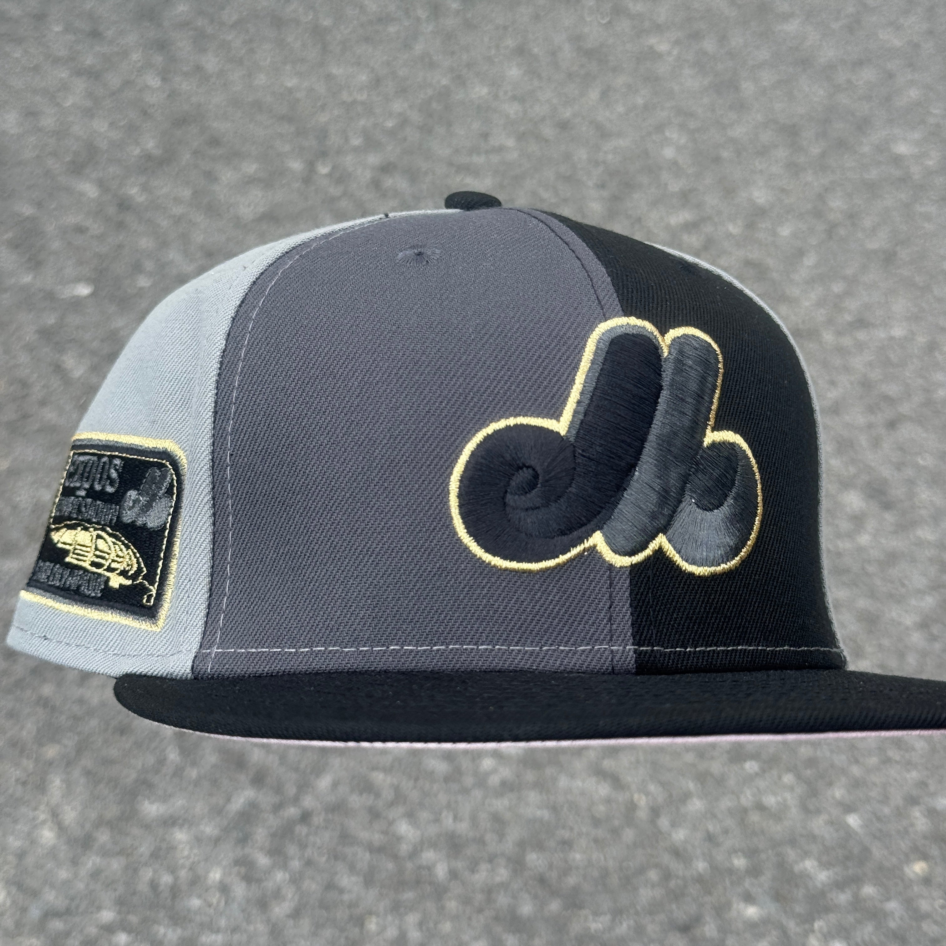 Montreal Expos Pinwheel Olympic Stadium Side Patch Fitted Hat MLB New Era 5950 (Black/Charcal/Gold/Gray)