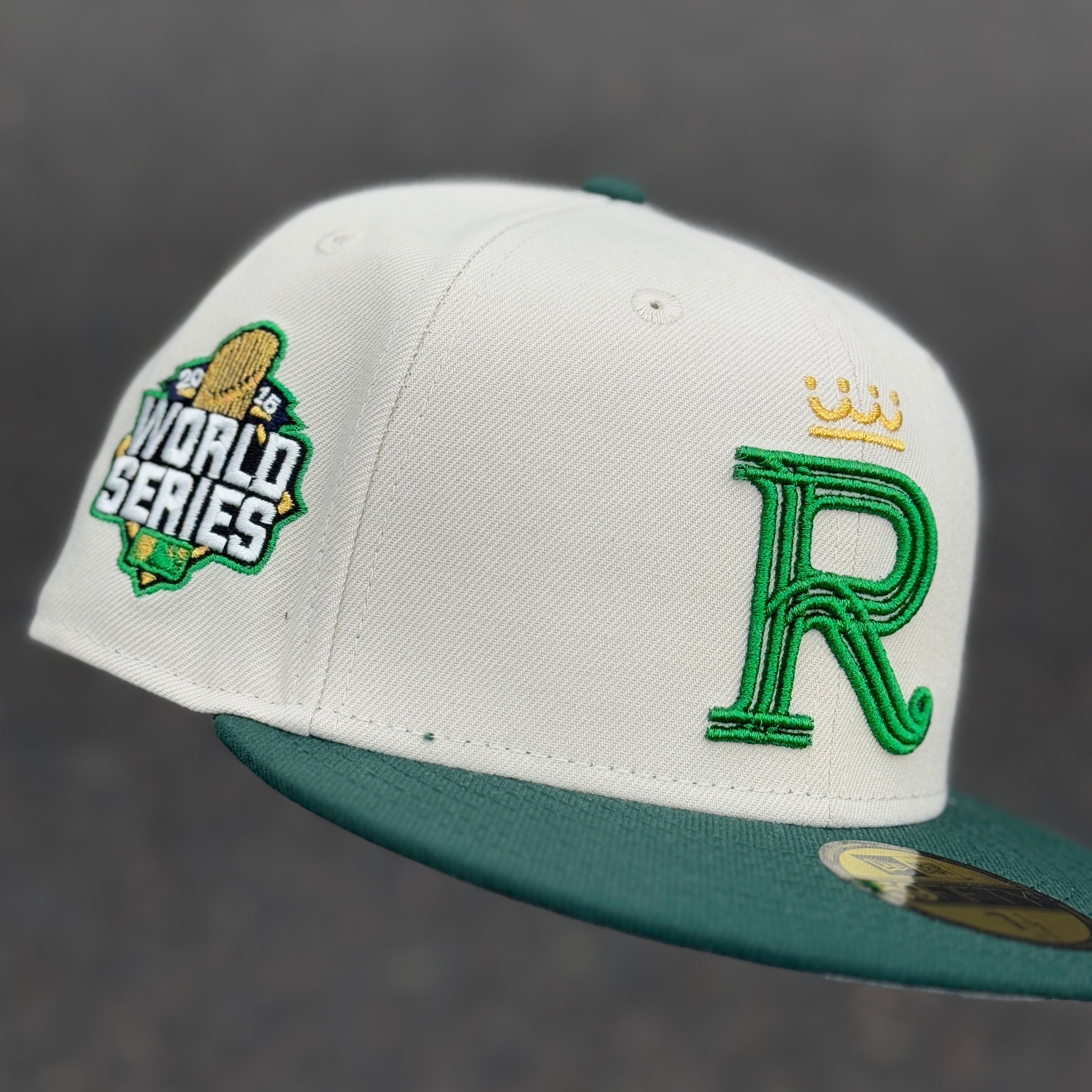 Kansas City Royals 2015 World Series Side Patch Fitted Hat New Era 5950 (Stone/Green/Gold/White/Grey)