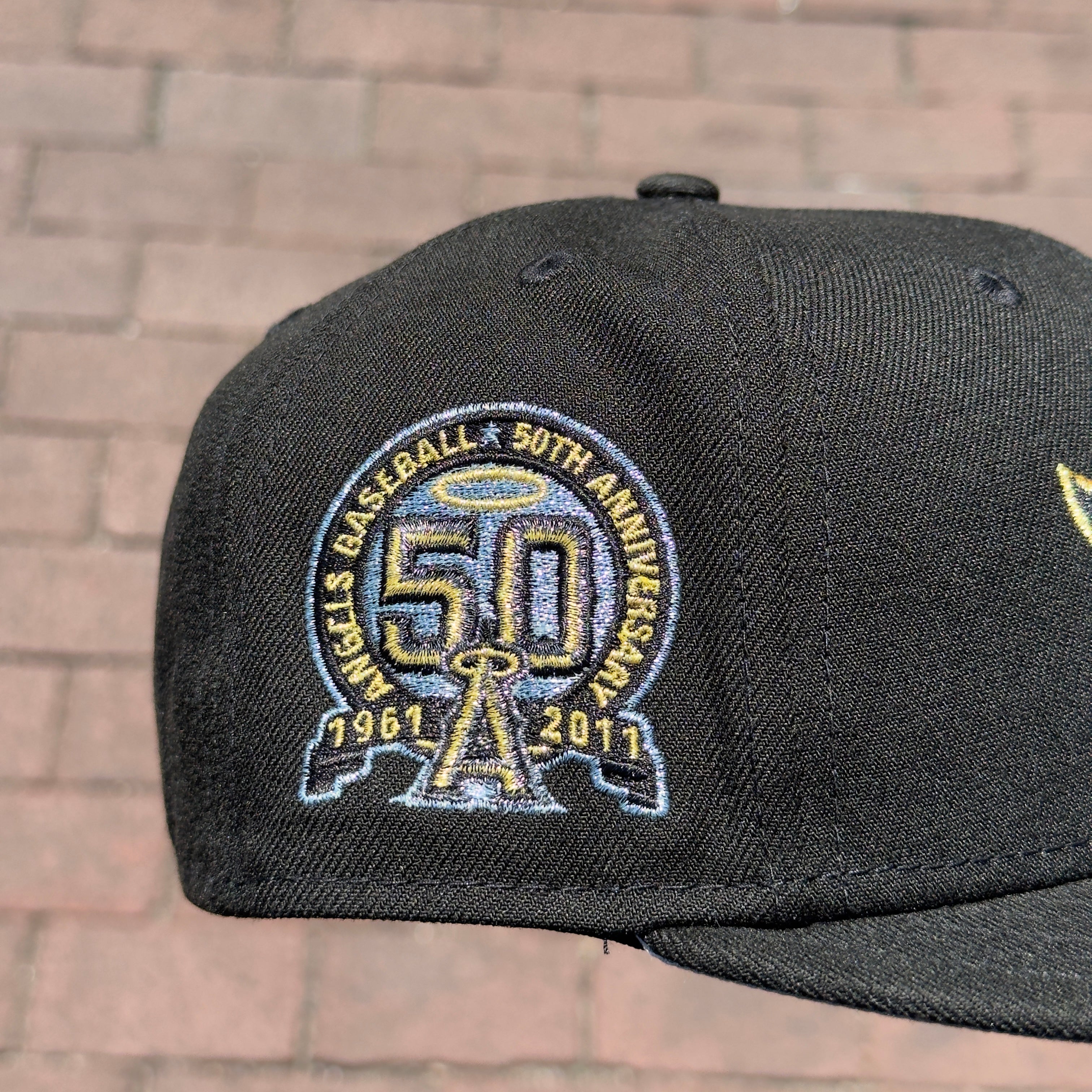 Anaheim Angels 50th Anniversary Side Patch Fitted Hat New Era 5950 (Nlack/Gold/Metallic Blue-Gray/ Gray)
