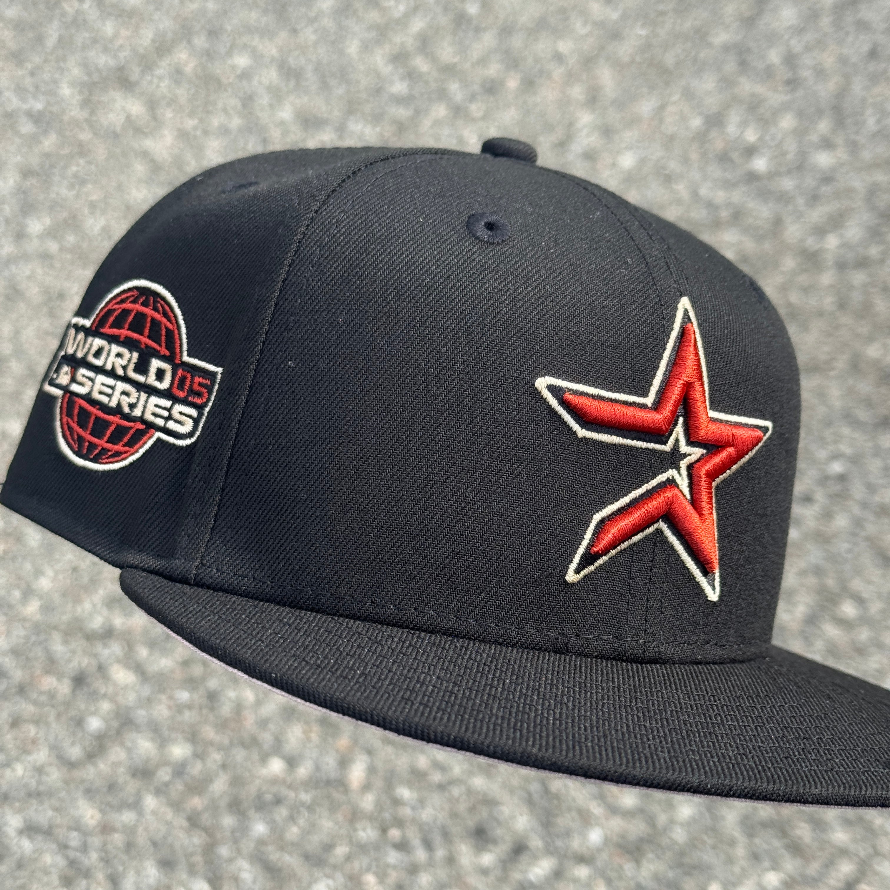 Houston Astros 2005 World Series Side Patch Fitted Hat New Era 5950 (Black/Brick Red/Seashell/Pink)