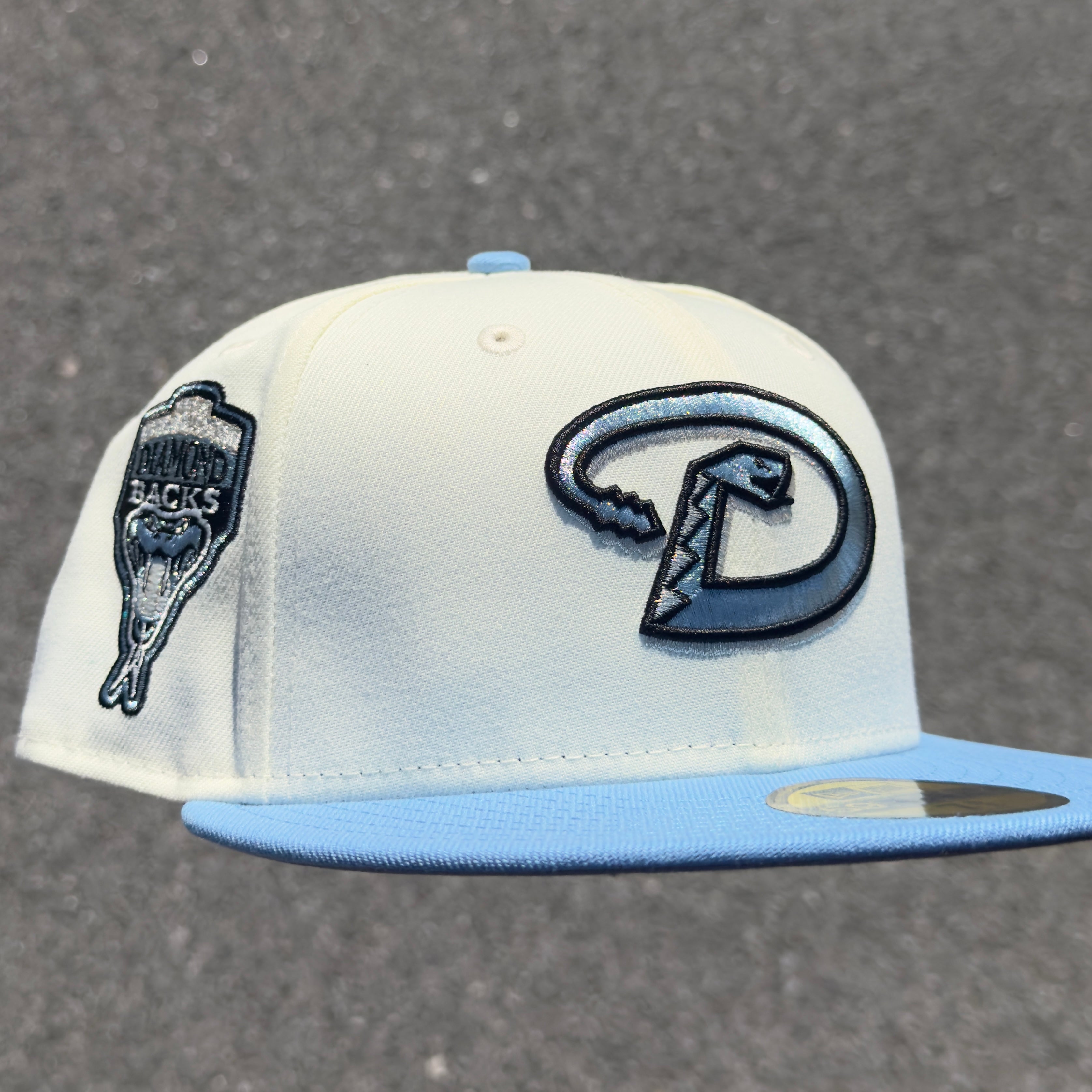Arizona Diamondbacks 1998 Inaugural Season Side Patch Fitted Hat New Era 5950 (Off White/Sky Blue/Silver/Metallic Blue Gray/Black/Gray)