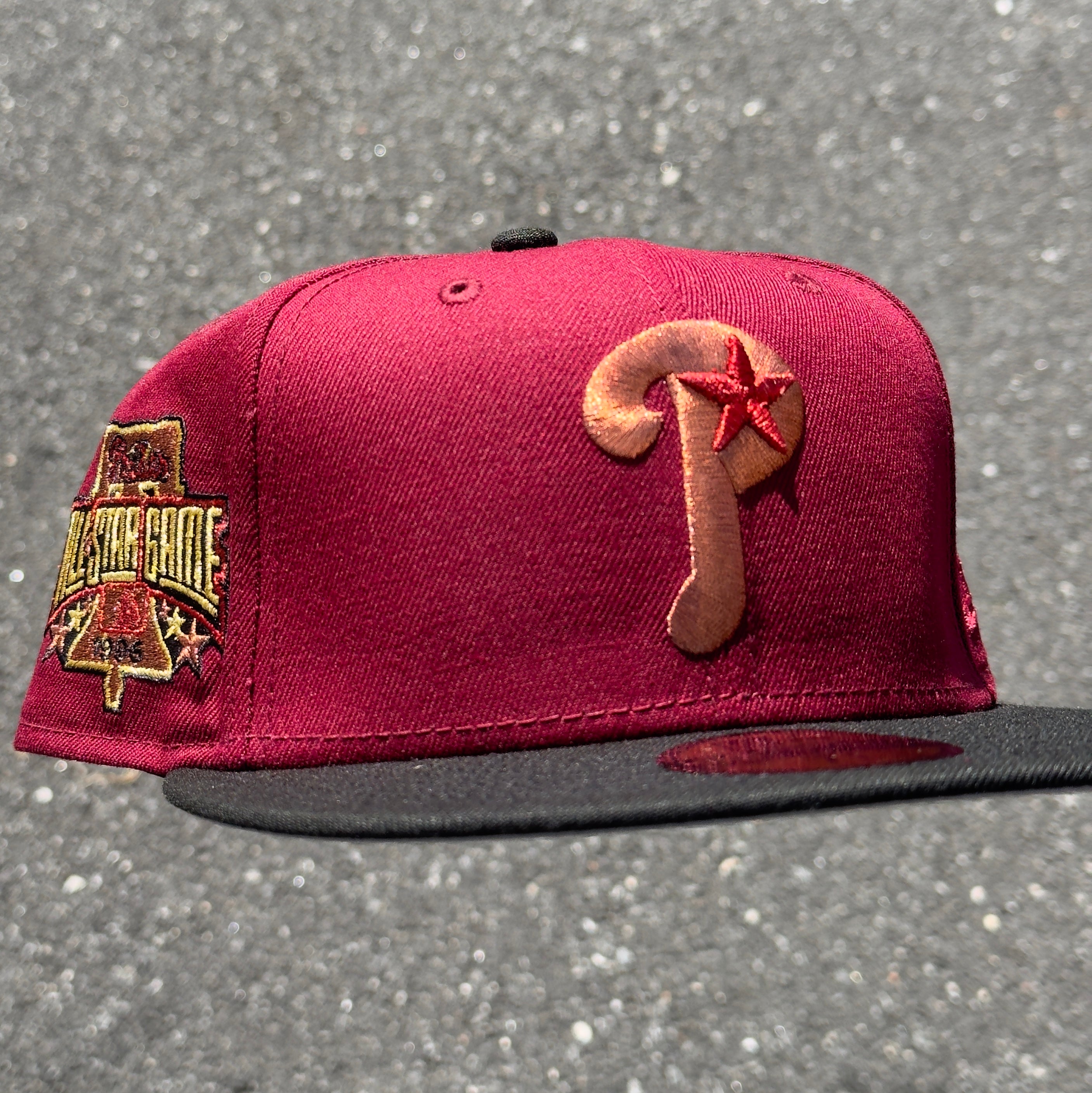 Philadelphia Phillies 1996 All Star Game Side Patch Fitted Hat New Era 5950 (Brick Red/Black/Copper/Red/Gold/Gray)