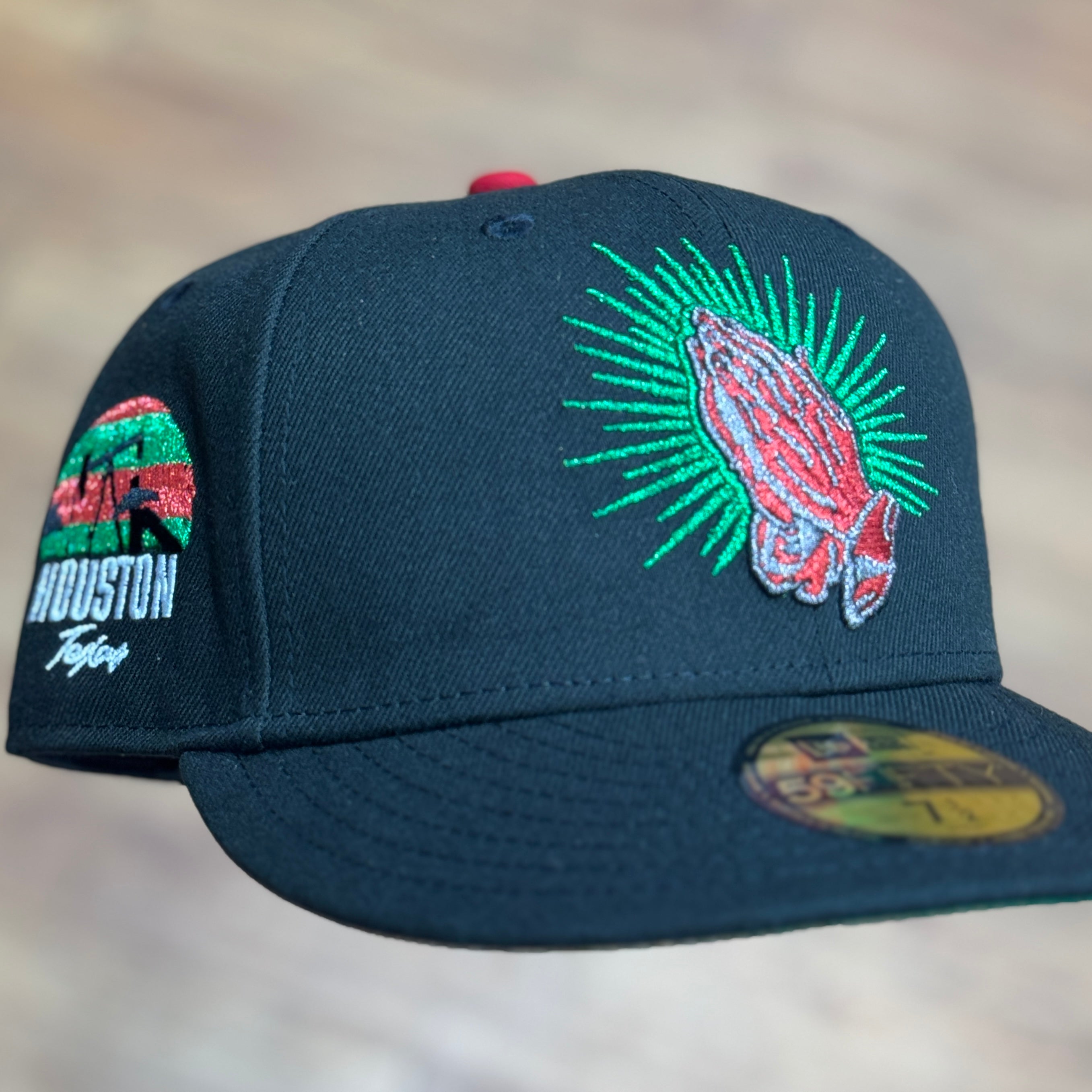 Mexico Praying Hands with Houston Texas Side Patch Fitted Hat New Era 5950 (Black/Green/White/Red)