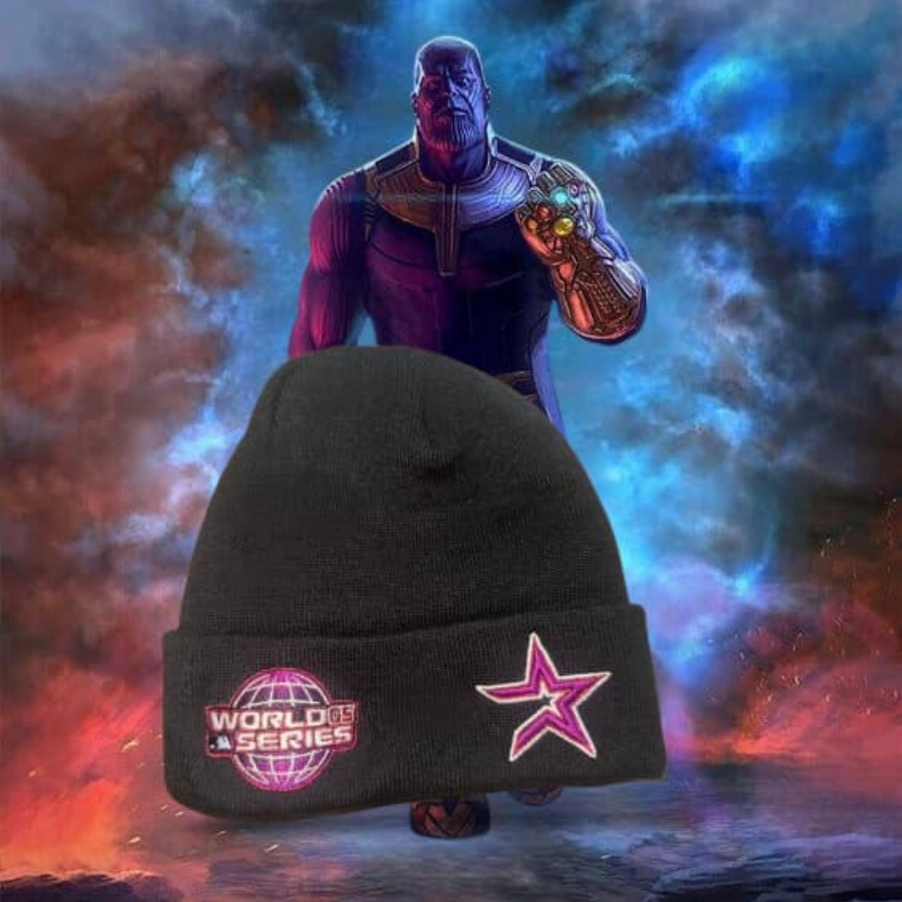 Houston Astros Thanos Inspired 2005 World Series Side Patch  New Era Beanie Knit Hat (Black/Red/Purple/White)