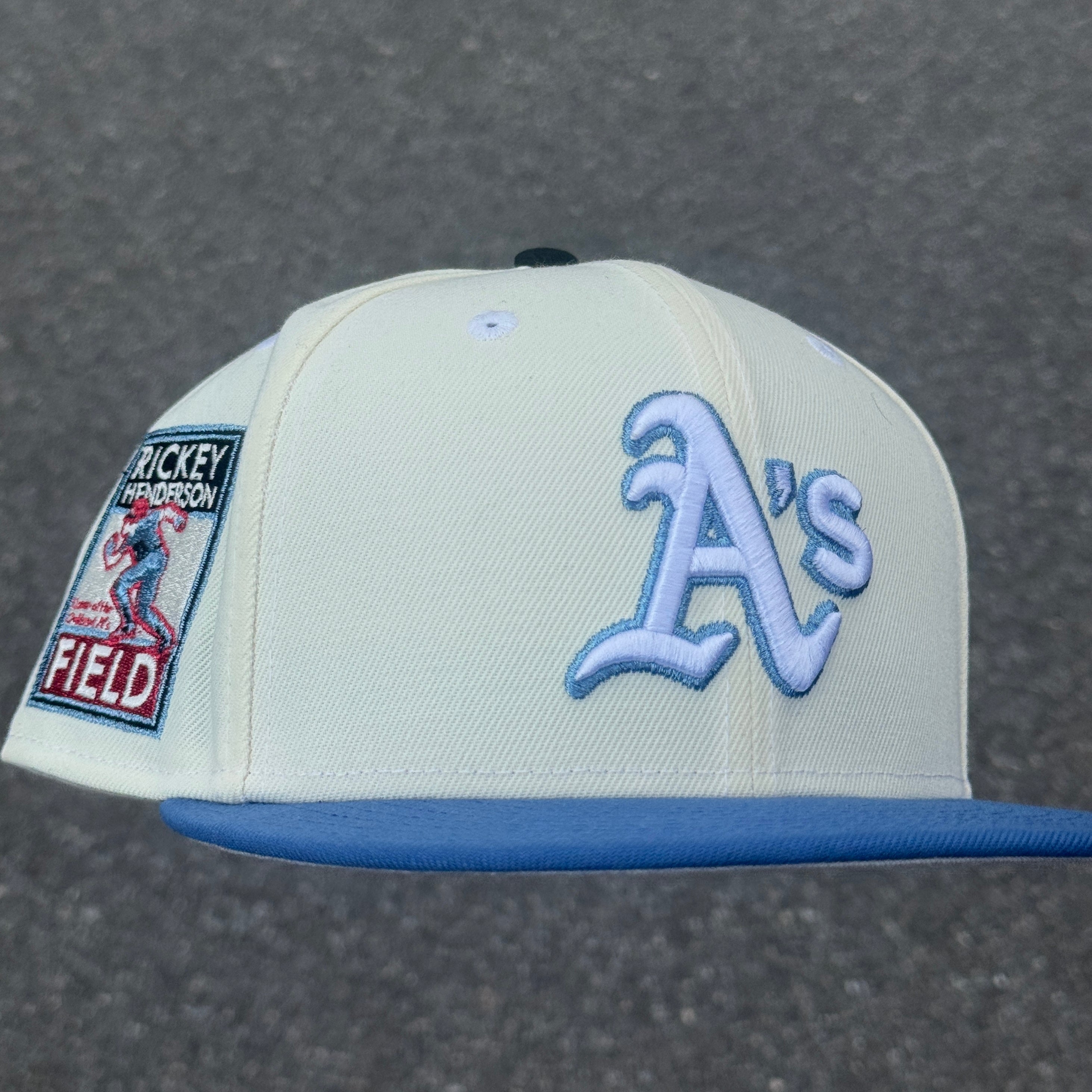 Oakland Athletics Ricky Henderson Field Side Patch Fitted Hat MLB New Era 5950 (Off White/Sky Blue/Blue/Navy/Red/Gray)