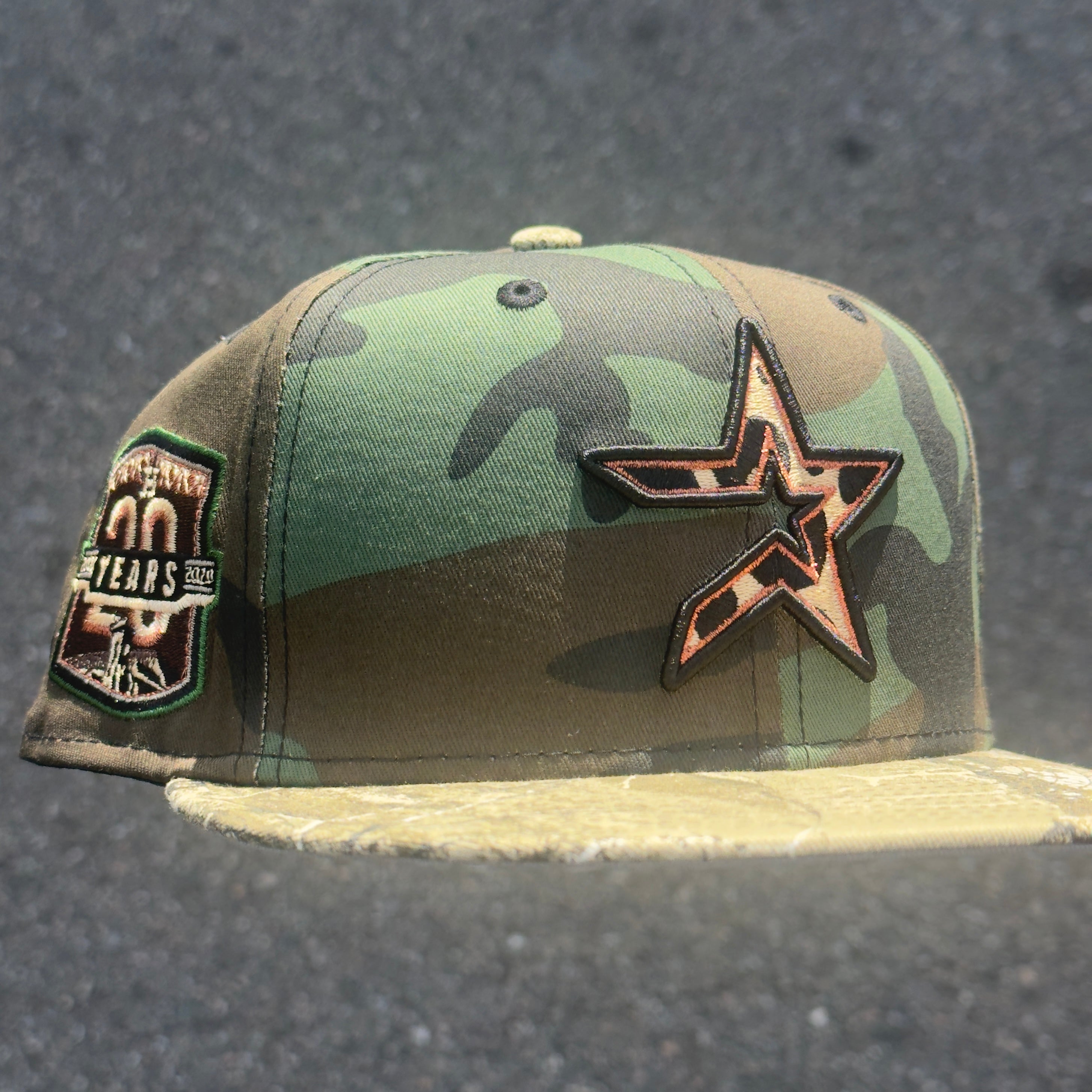 Houston Astros 20th Anniversary Army-Real Tree-Cow Print Side Patch Fitted Hat New Era 5950 (Army/Real Tree/Black/Copper/Tan/Cow Print/Gray)