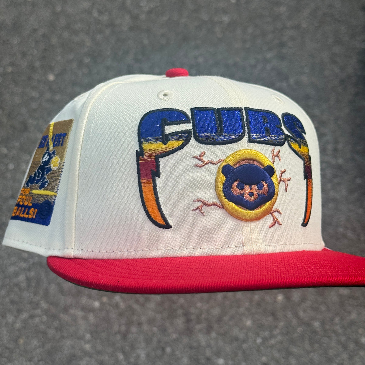 Chicago Cubs Be Alert For Foul Balls Side Patch MLB Fitted Hat New Era 5950 (Off White/Red/Blue/Gold/Orange/Green)