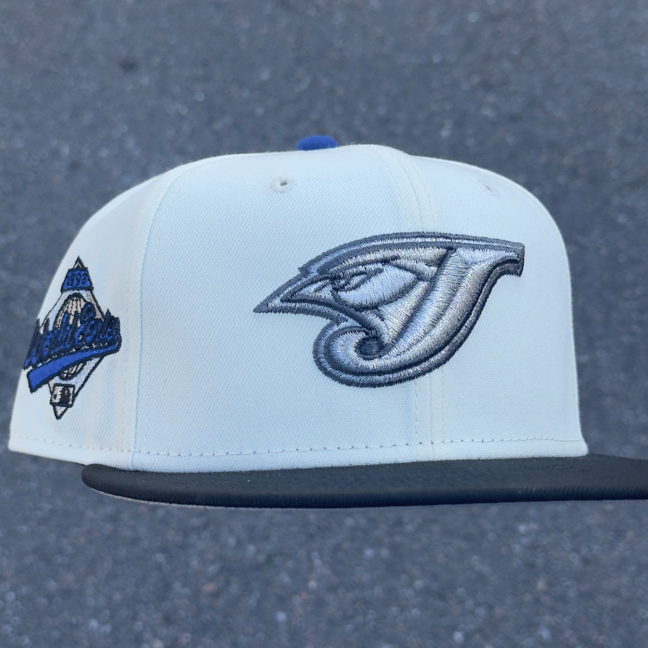 Toronto Blue Jays 1993 World Series Side Patch MLB Fitted Hat New Era 5950 (Off White/Blue/Silver/Gray)