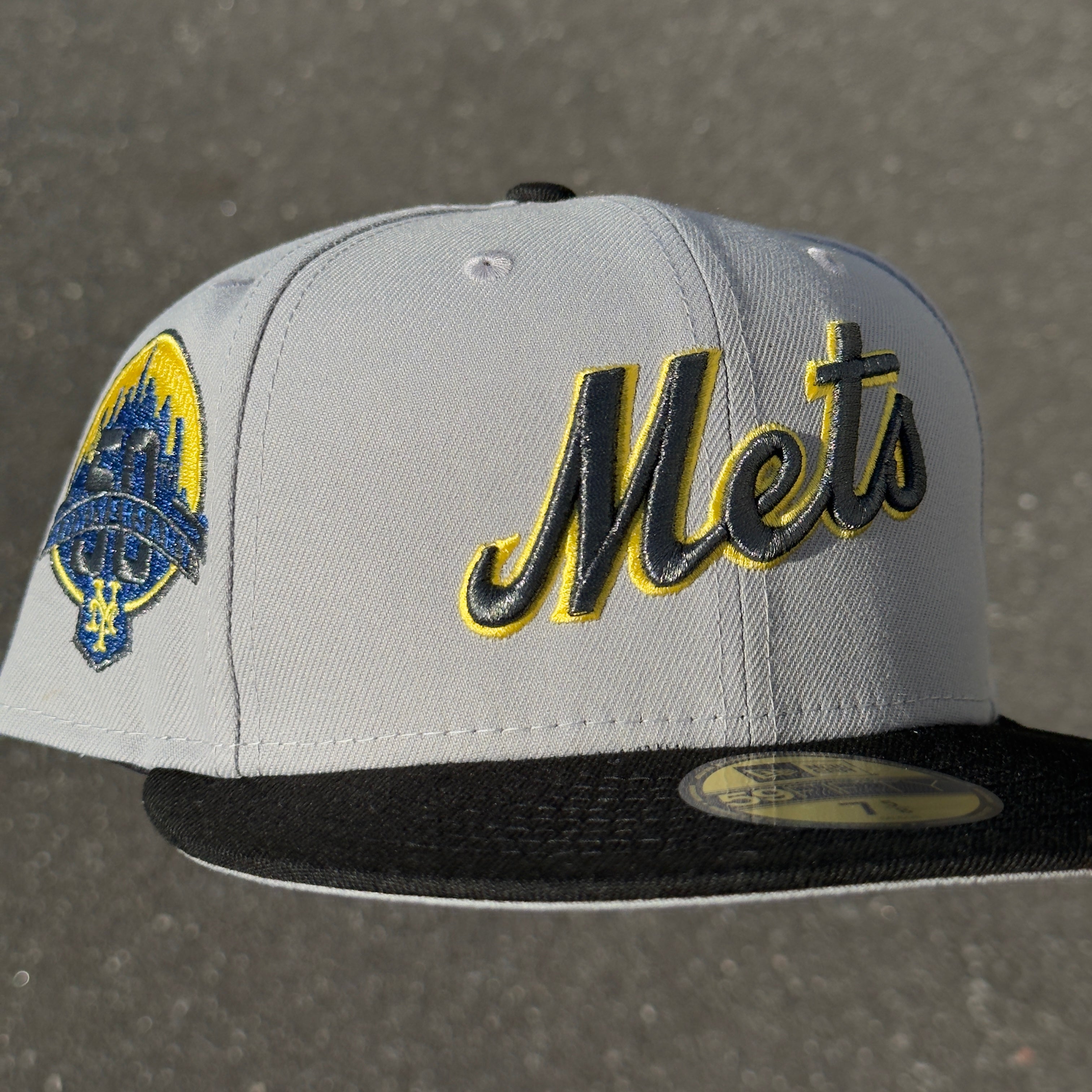 New York Mets 50th Anniversary Side Patch Fitted Hat New Era 5950 (Gray/Metallic Black/Yellow/Black/Metallic Blue)