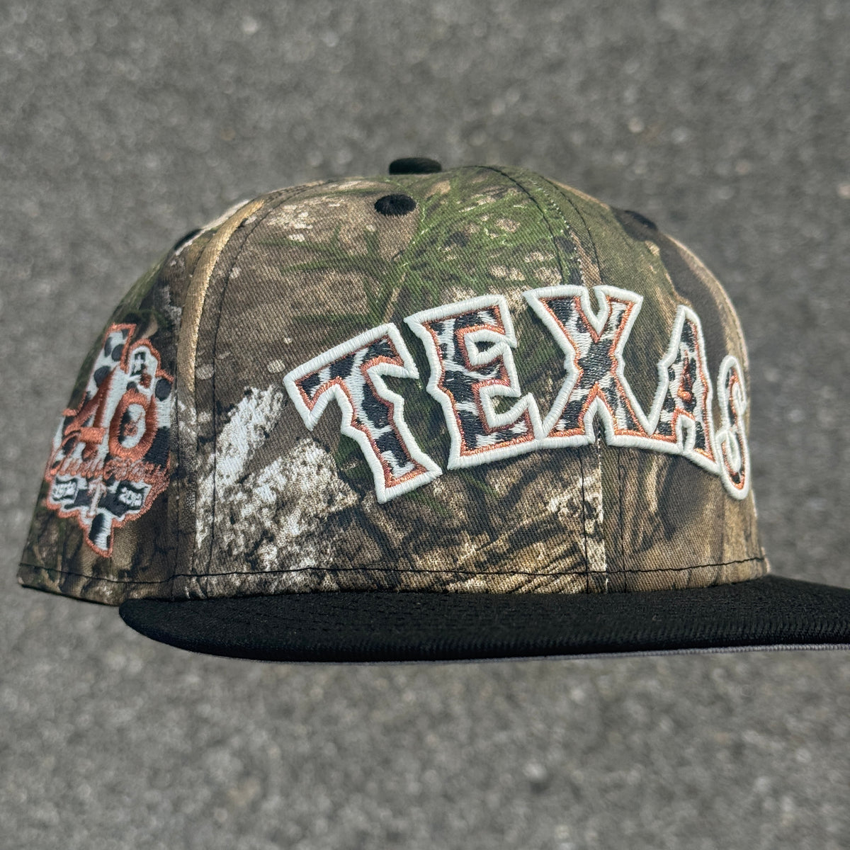 Texas Rangers 40th Anniversary Side Patch MLB Fitted Hat New Era 5950(Real Tree/Black/White/Copper/Gray)