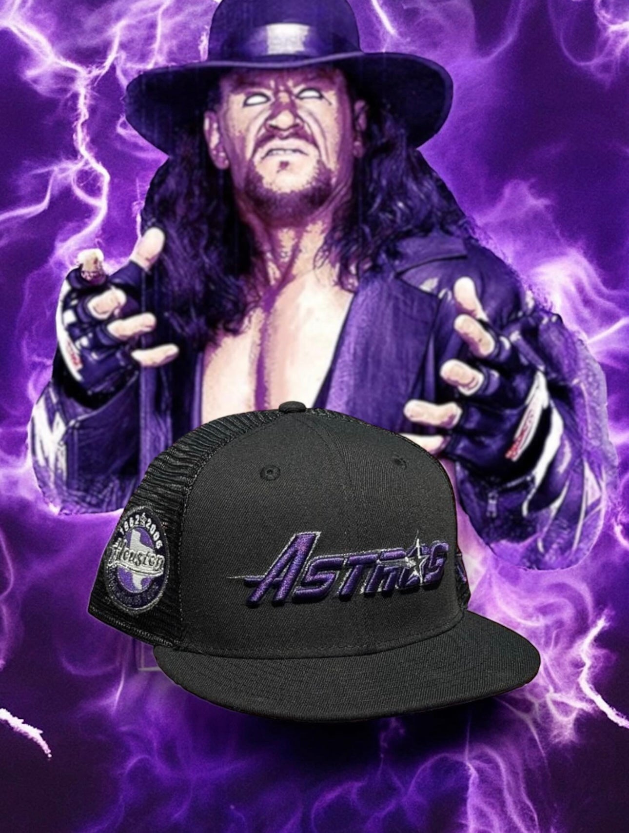 Houston Astros “Undertaker” Wrestling Astros Logo With Celebrating 45 Years Side Patch Trucker Fitted Hat New Era 5950 (Black/Purple/Black Pearl/Silver/Gray)