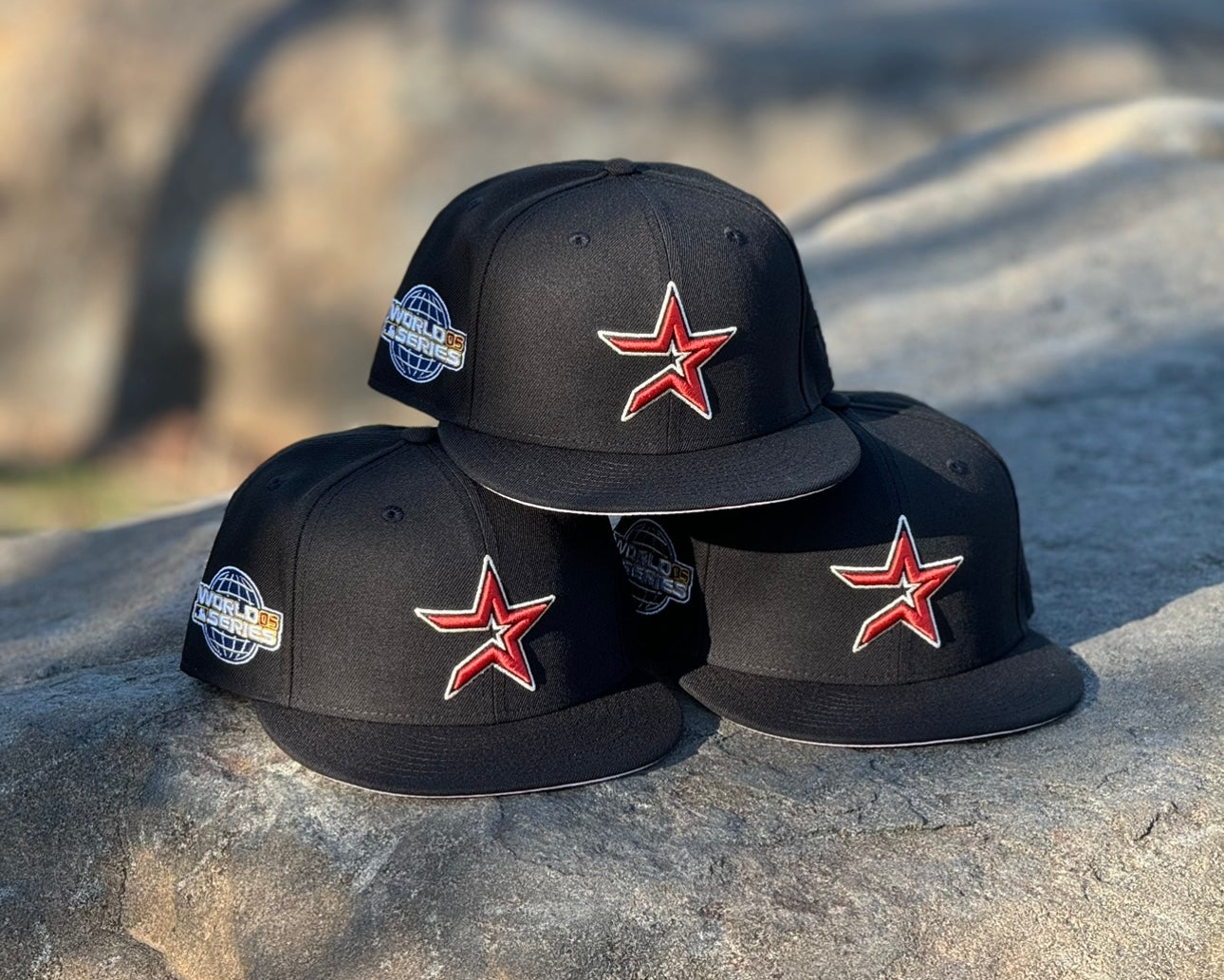 Houston Astros Open Star with 2005 World Series Side Patch Fitted Hat New Era 5950 (Black/Brick Red/Pink)