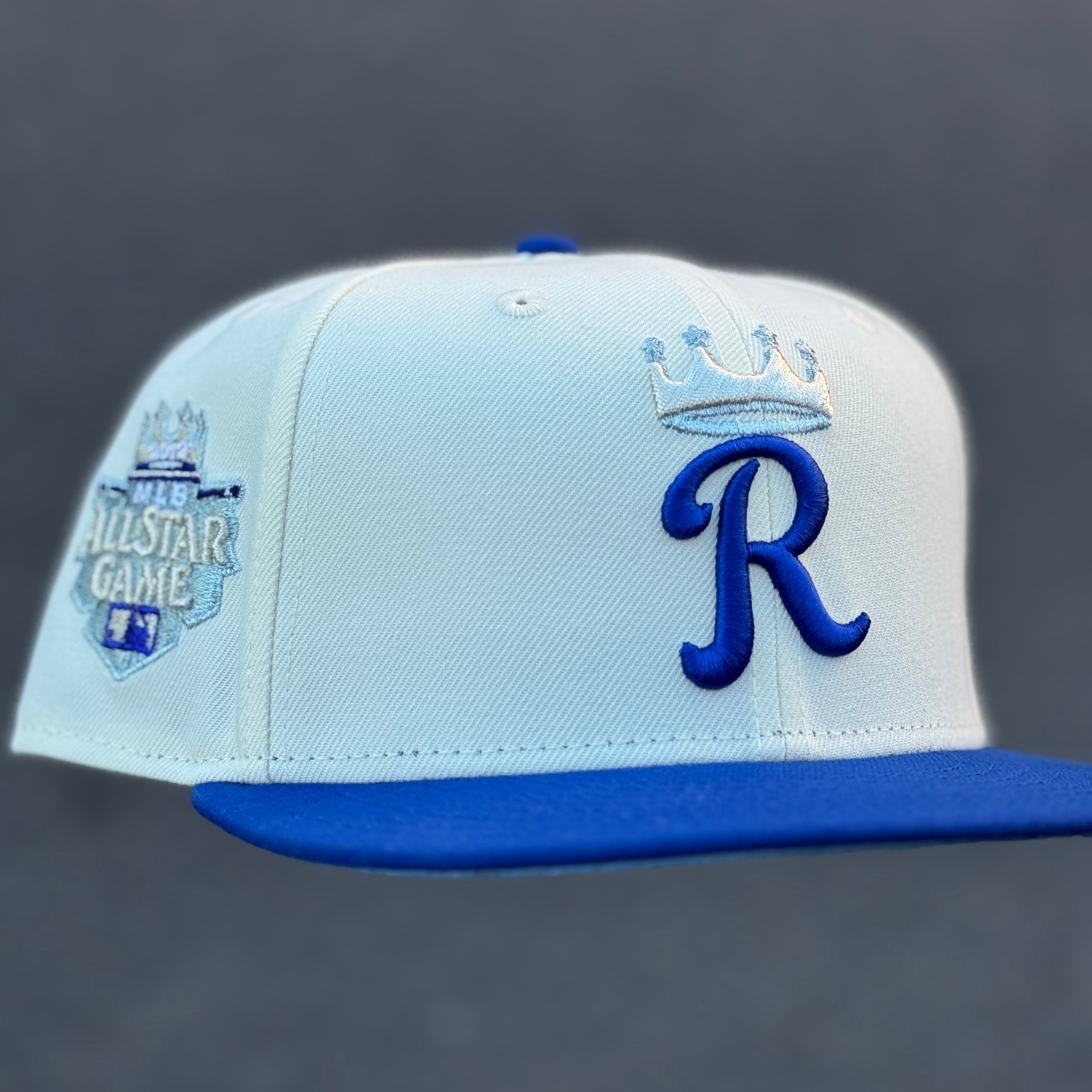 Kansas City Royals 2012 All Star Game Side Patch Fitted Hat New Era 5950 (Off White/ Royal Blue/ Silver / Metallic Blue Gray/ Sky Blue)