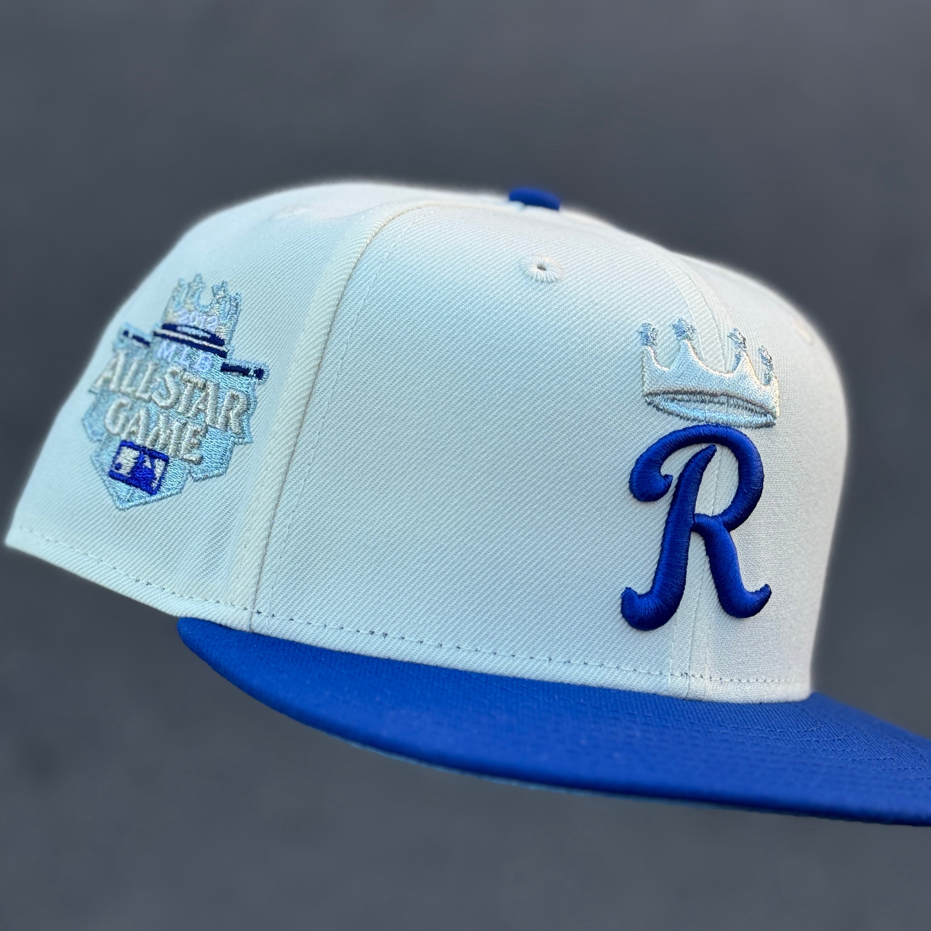 Kansas City Royals 2012 All Star Game Side Patch Fitted Hat New Era 5950 (Off White/ Royal Blue/ Silver / Metallic Blue Gray/ Sky Blue)