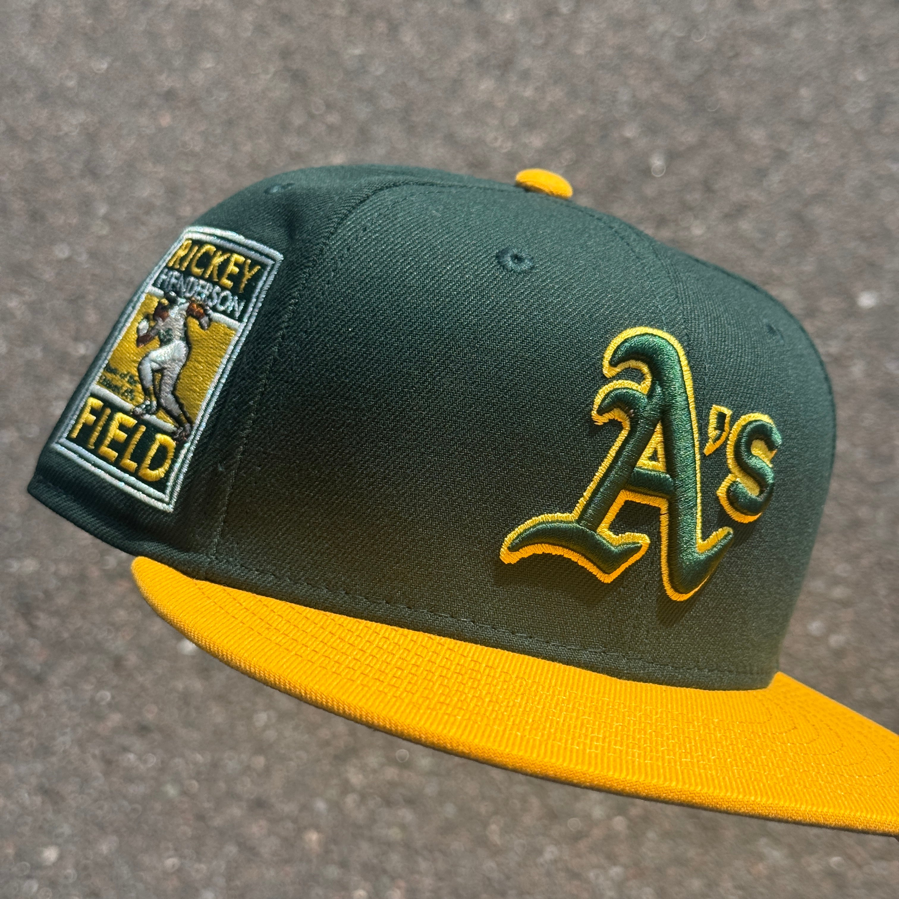 Oakland Athletics Ricky Henderson Field Side Patch Fitted Hat MLB New Era 5950 (Green/Yellow/White/Gray)