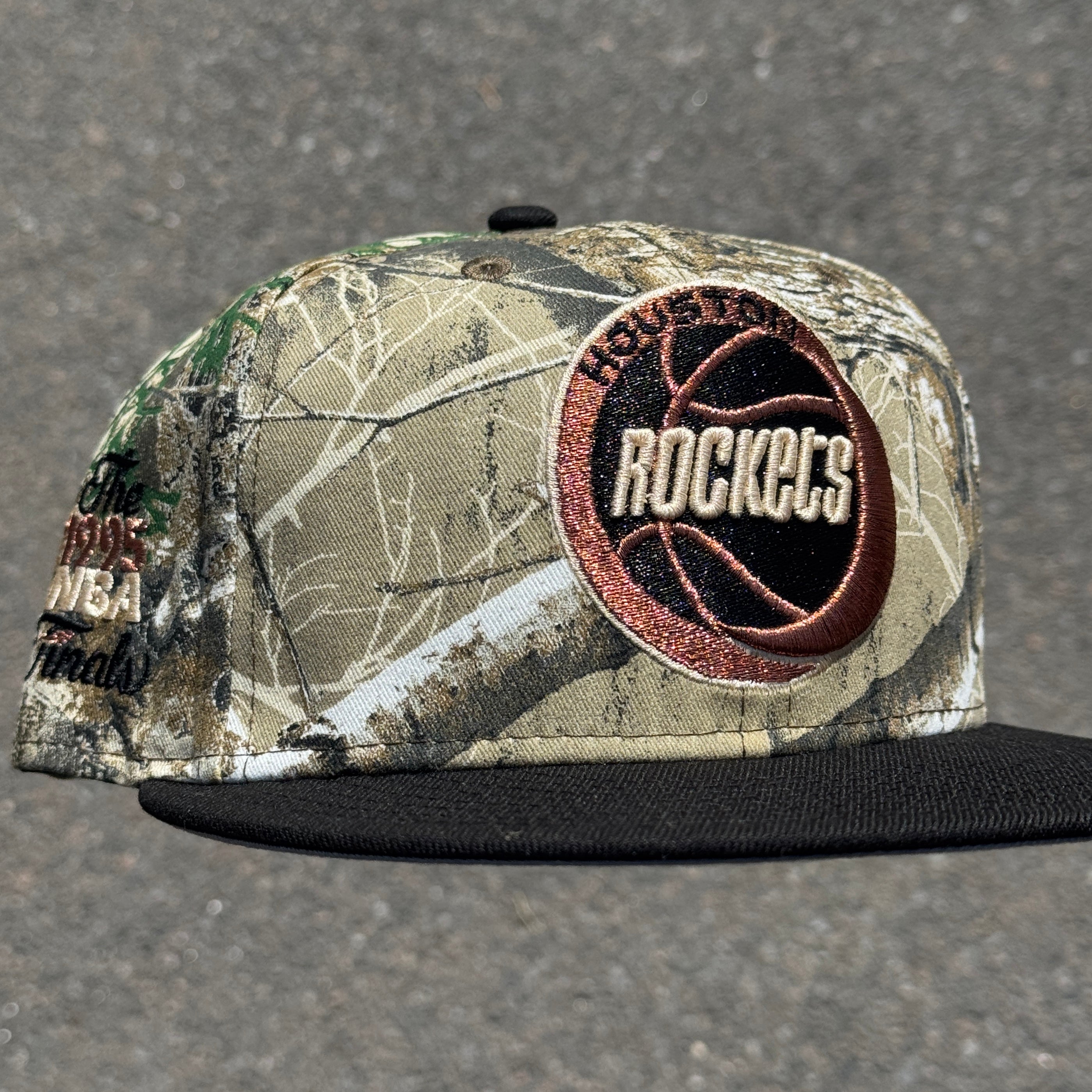 Houston Rockets Real Tree 1995 NBA Finals Side Patch Fitted Hat New Era 5950 (Real Tree/Black/Tan/Copper/Gray)