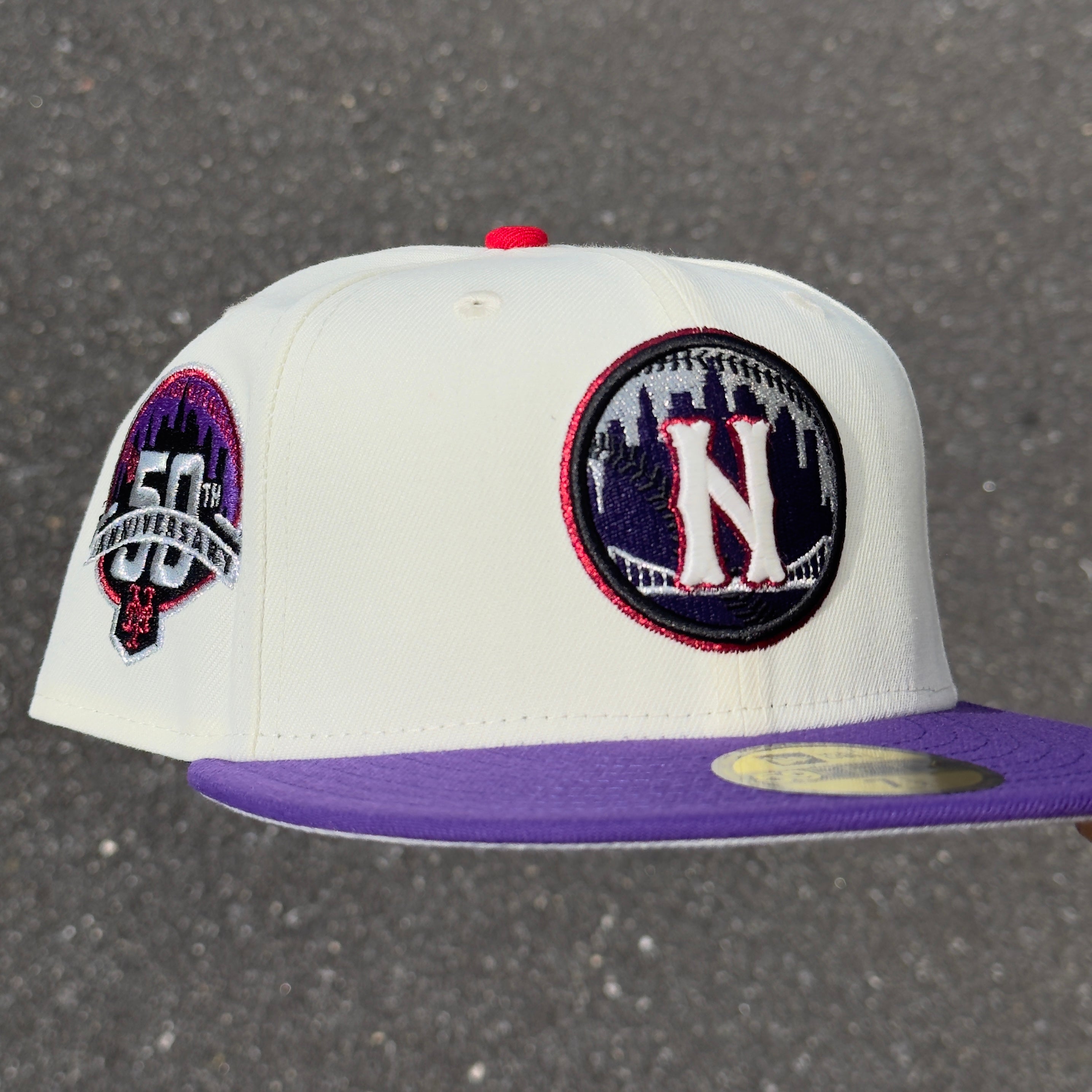 New York Mets 50th Anniversary Side Patch Fitted Hat New Era 5950 (Off White/Purple/Silver/Red/Black/Gray)