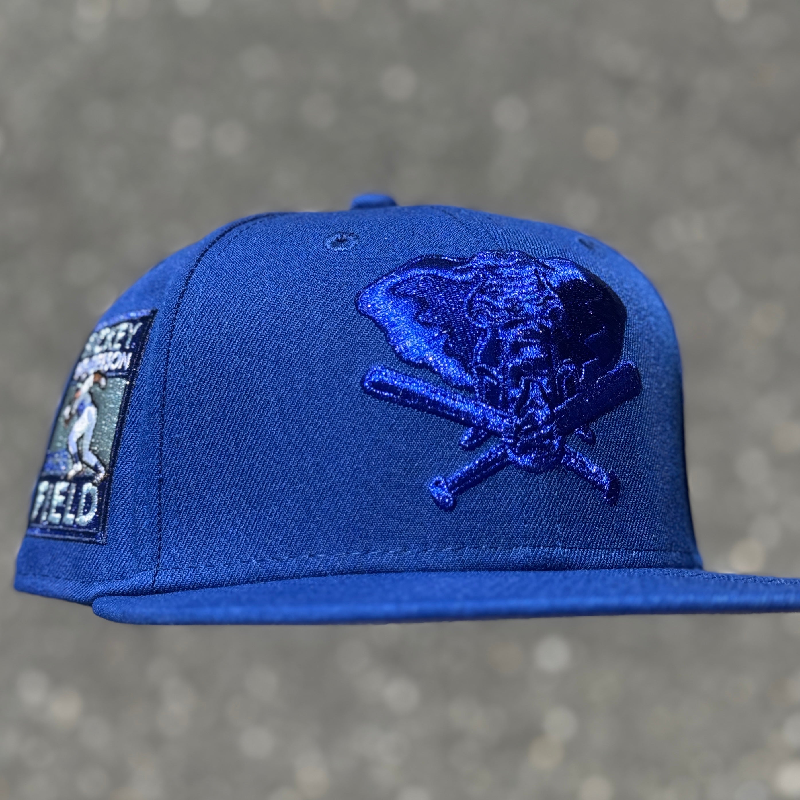 Oakland Athletics Stompers Rickey Henderson Field Side Patch Fitted Hat New Era 5950 (Blue/Metallic Blue/Gray)