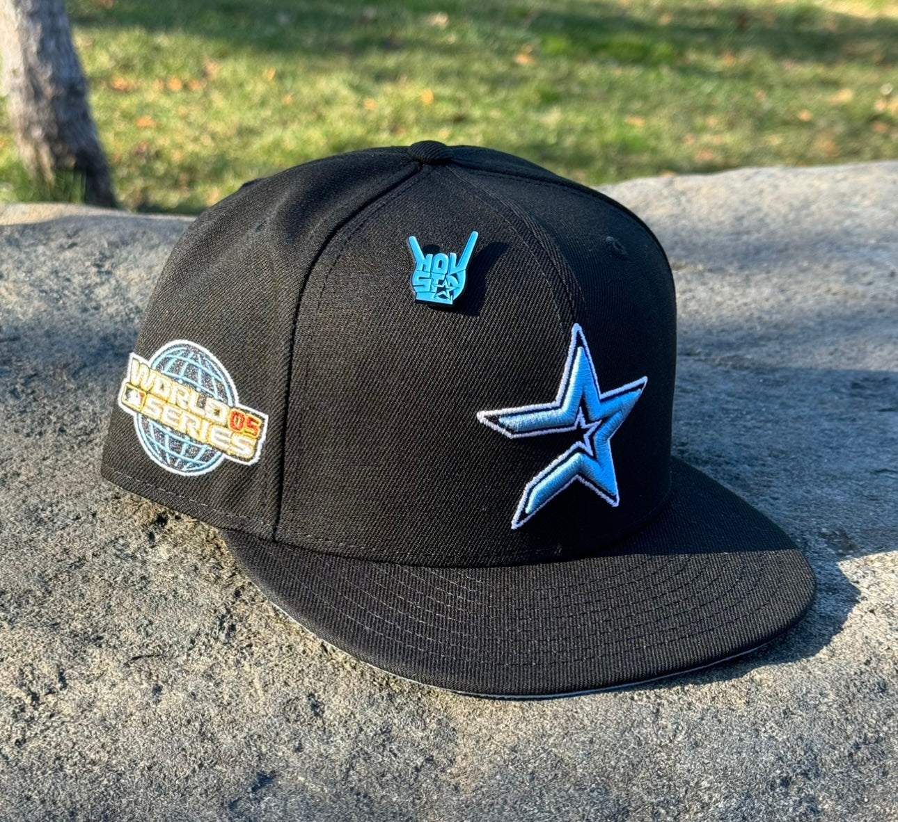 Houston Astros Open Star with 2005 World Series Side Patch Fitted Hat New Era 5950 (Black/Sky Blue)