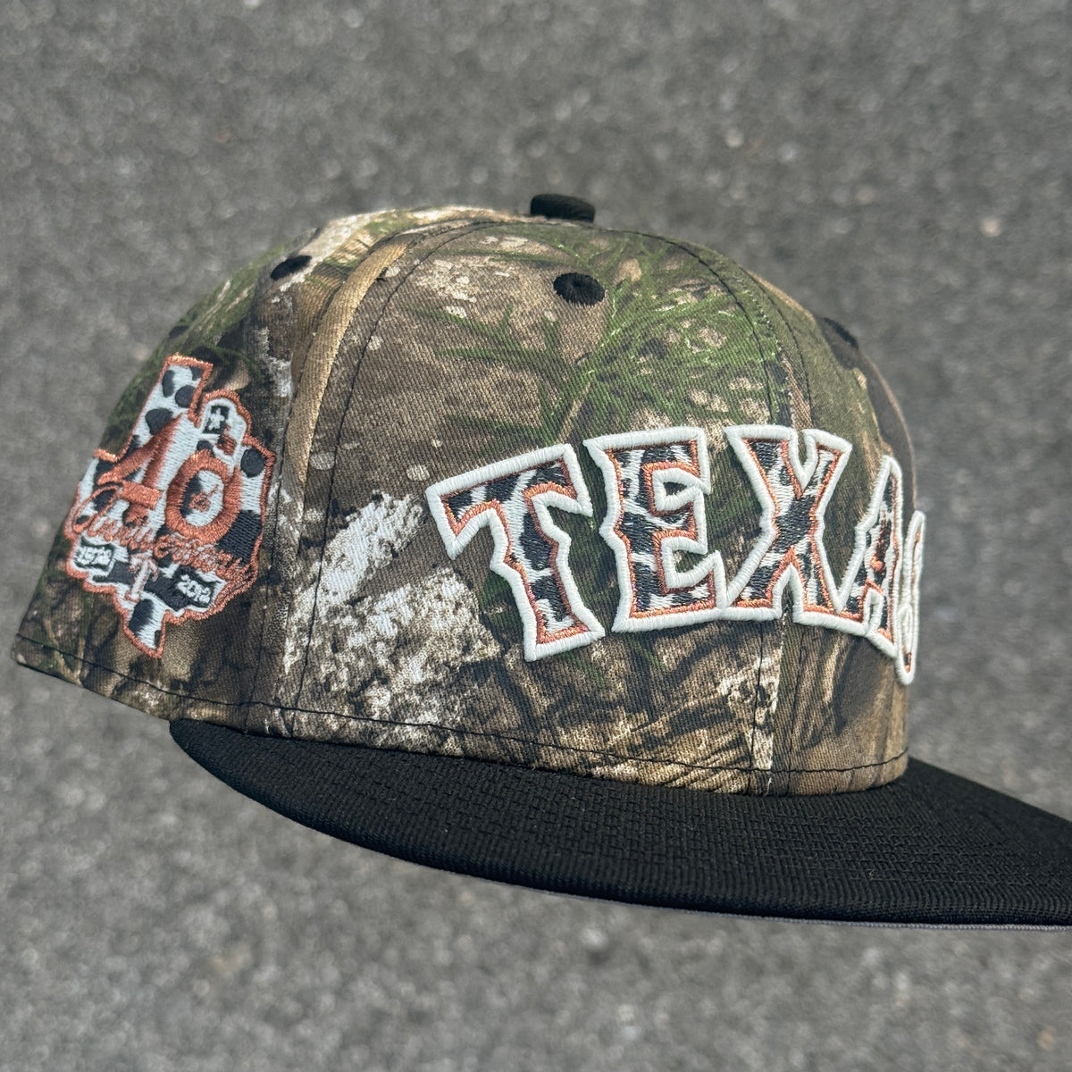 Texas Rangers 40th Anniversary Side Patch MLB Fitted Hat New Era 5950(Real Tree/Black/White/Copper/Gray)