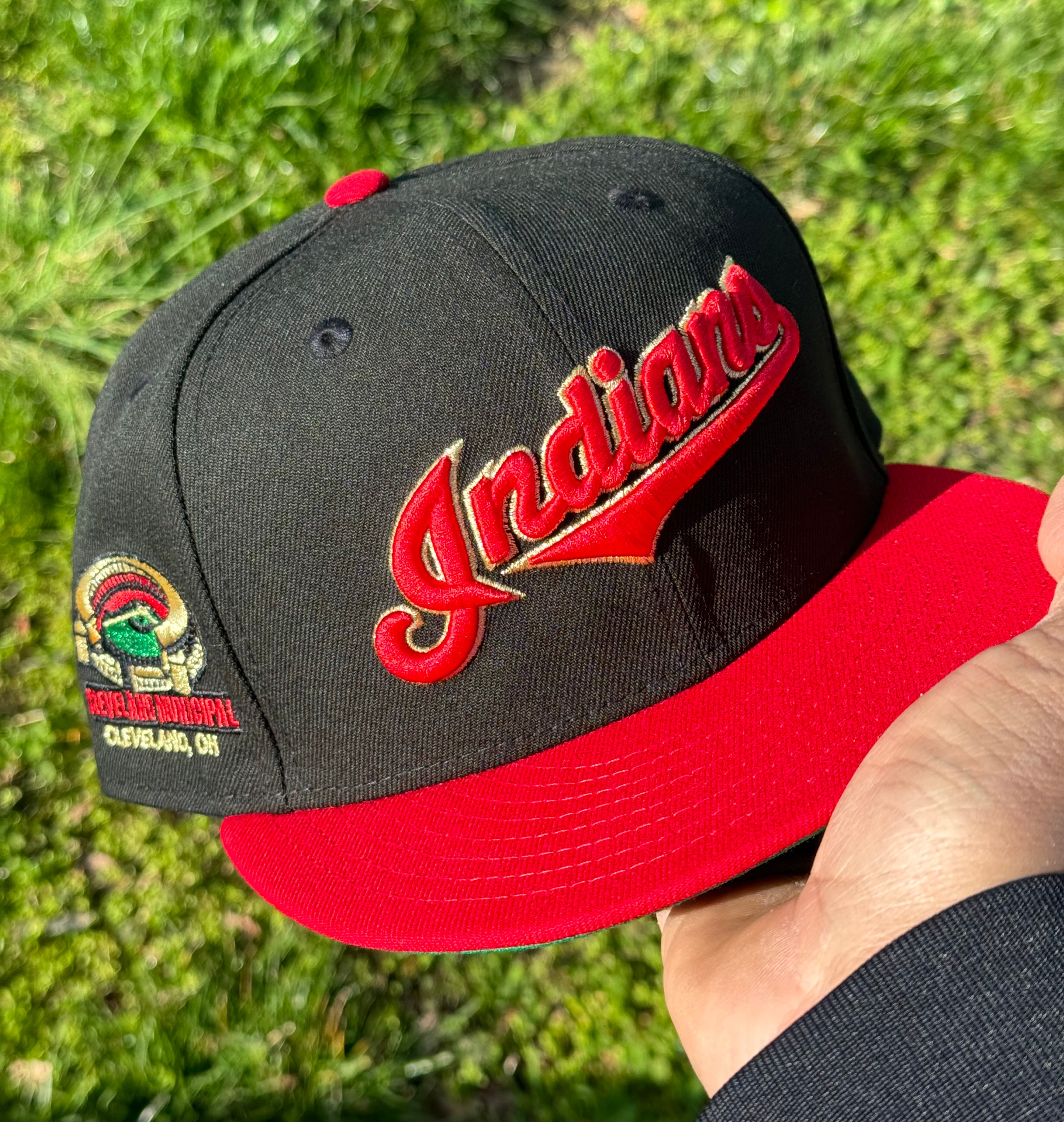 Cleveland Indians Municipal Stadium Side Patch Fitted Hat New Era 5950 (Black/Red/Gold/Green)