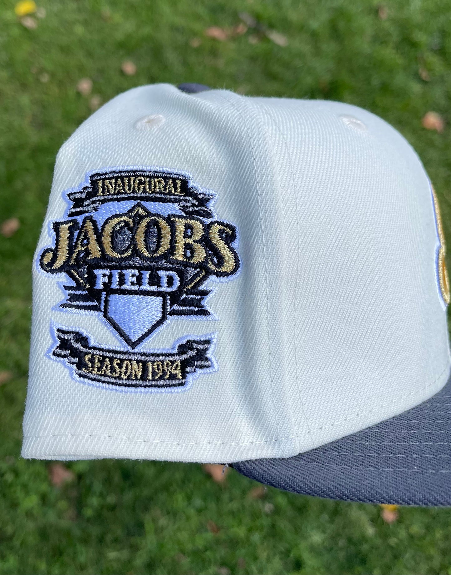 Cleveland Indians 1994 Inaugural Season Jacobs Field Side Patch Fitted Hat(Off White/Gold/Gray)